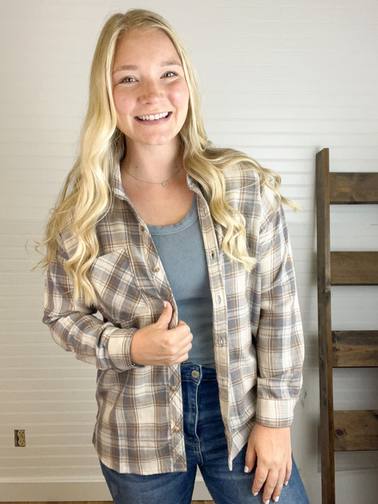 Plaid Long Sleeve Flannel - Slate Blue