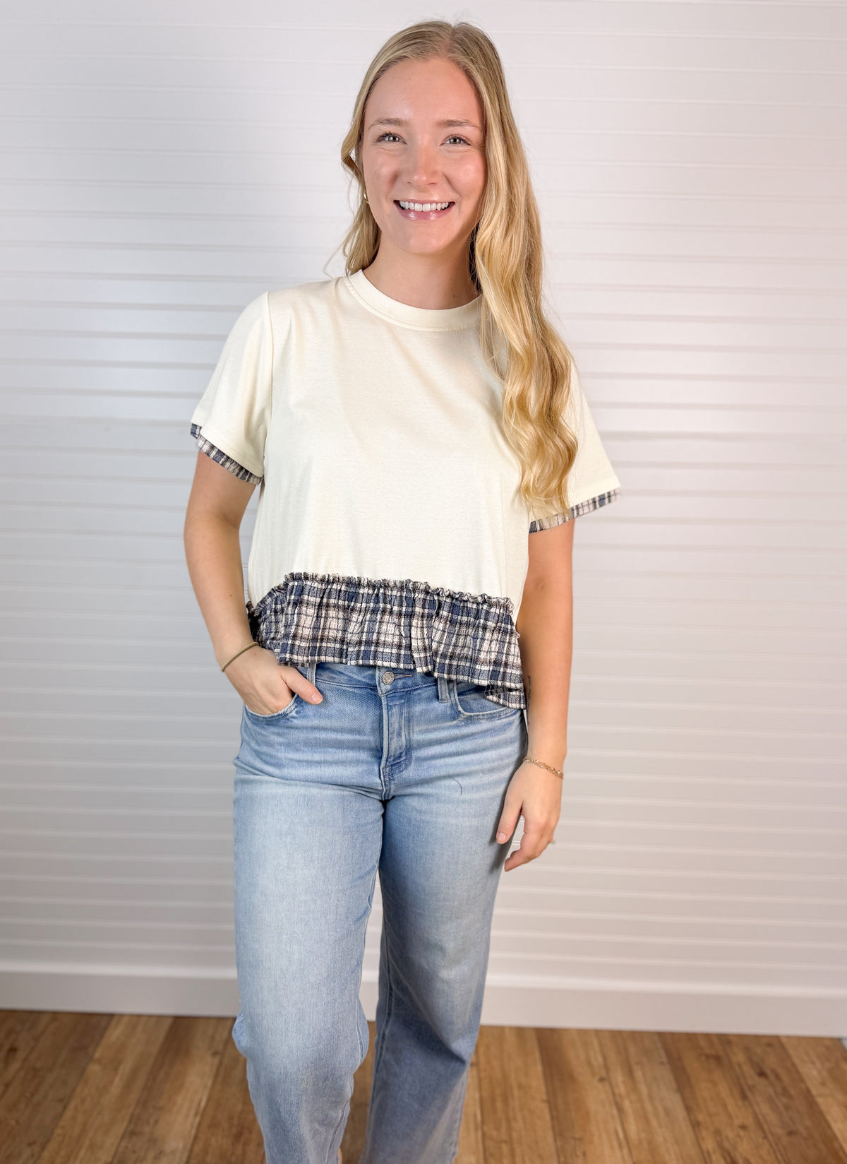 Short Sleeve Plaid Peplum Top - Cream
