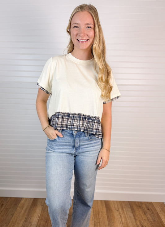 Short Sleeve Plaid Peplum Top - Cream
