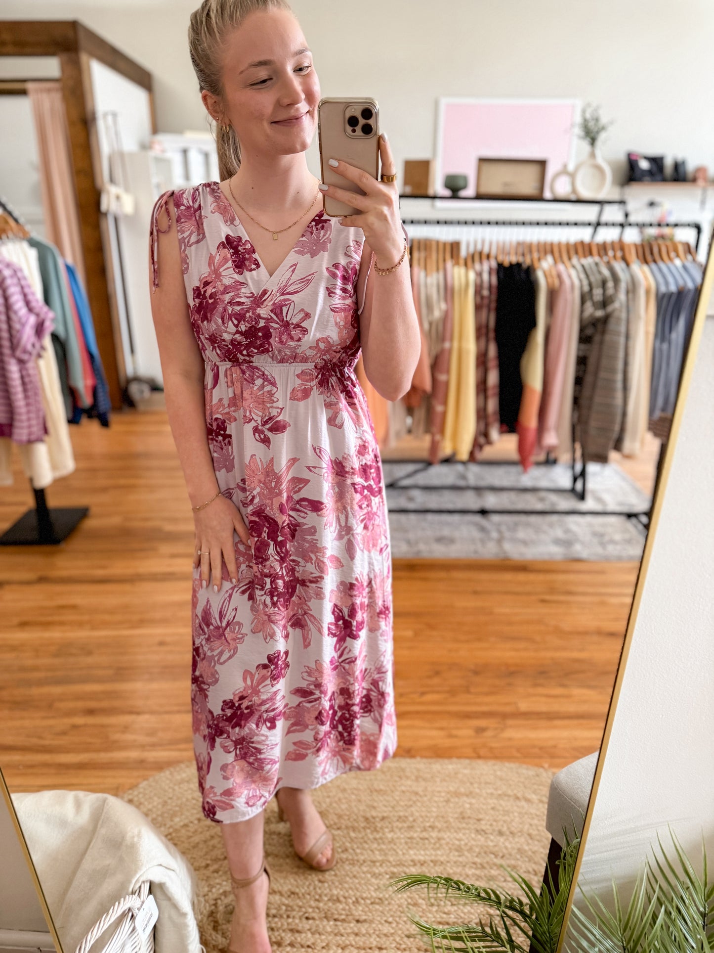 Shoulder Detail Floral Midi Dress - Mauve