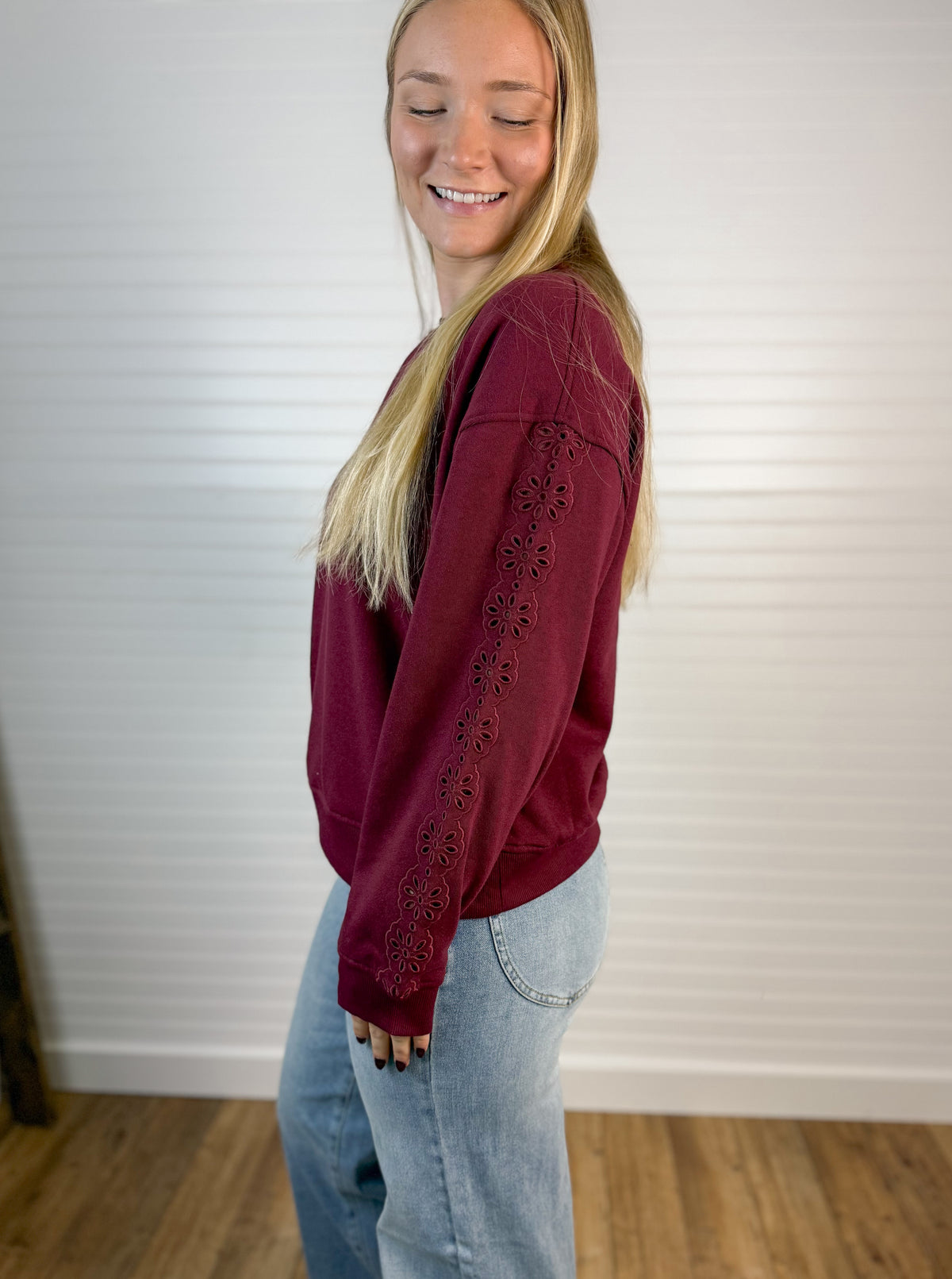 Embroidered Sleeve Detail Top - Maroon