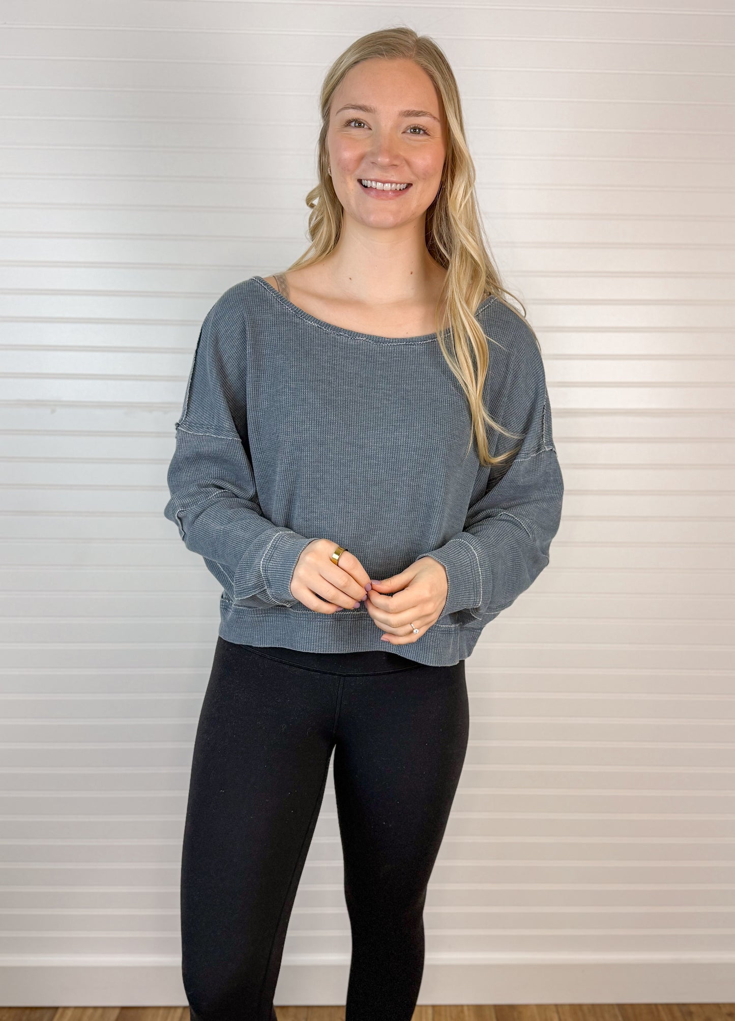 Raw Edge Waffle Knit Boatneck Top - Midnight Navy