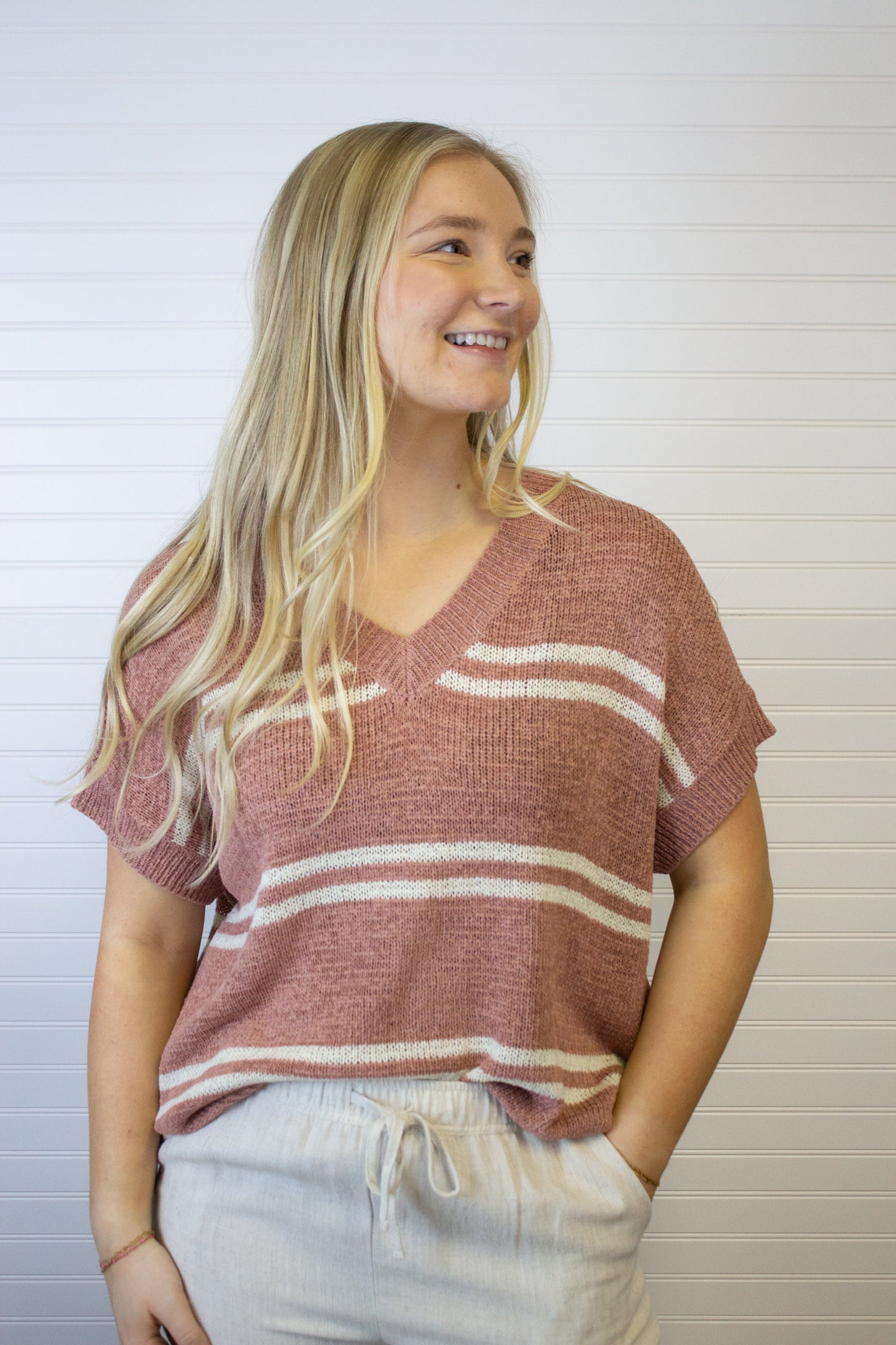 Striped V-Neck Sweater Top - Mauve