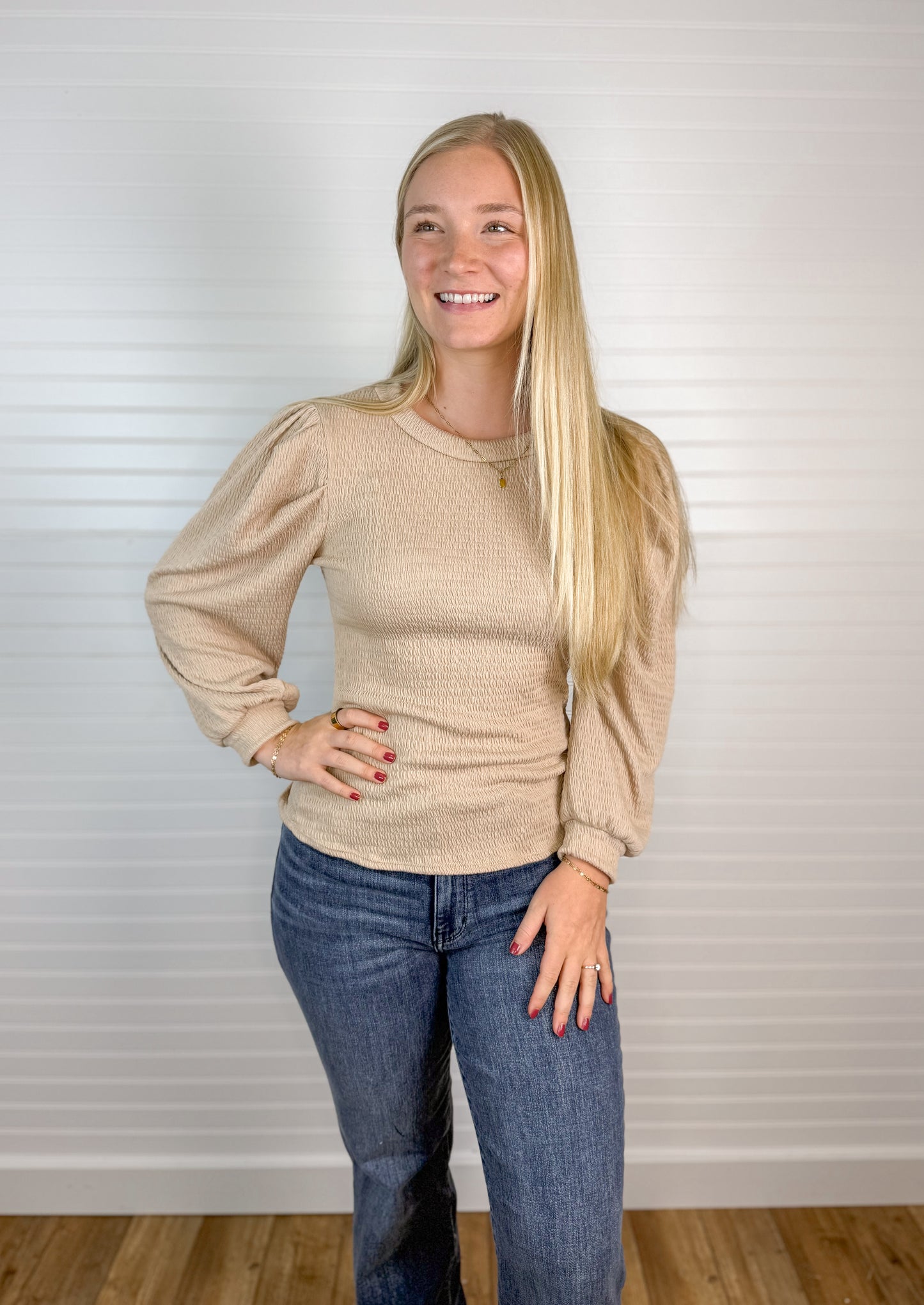 Smocked 3/4 Sleeve Long Sleeve - Sand