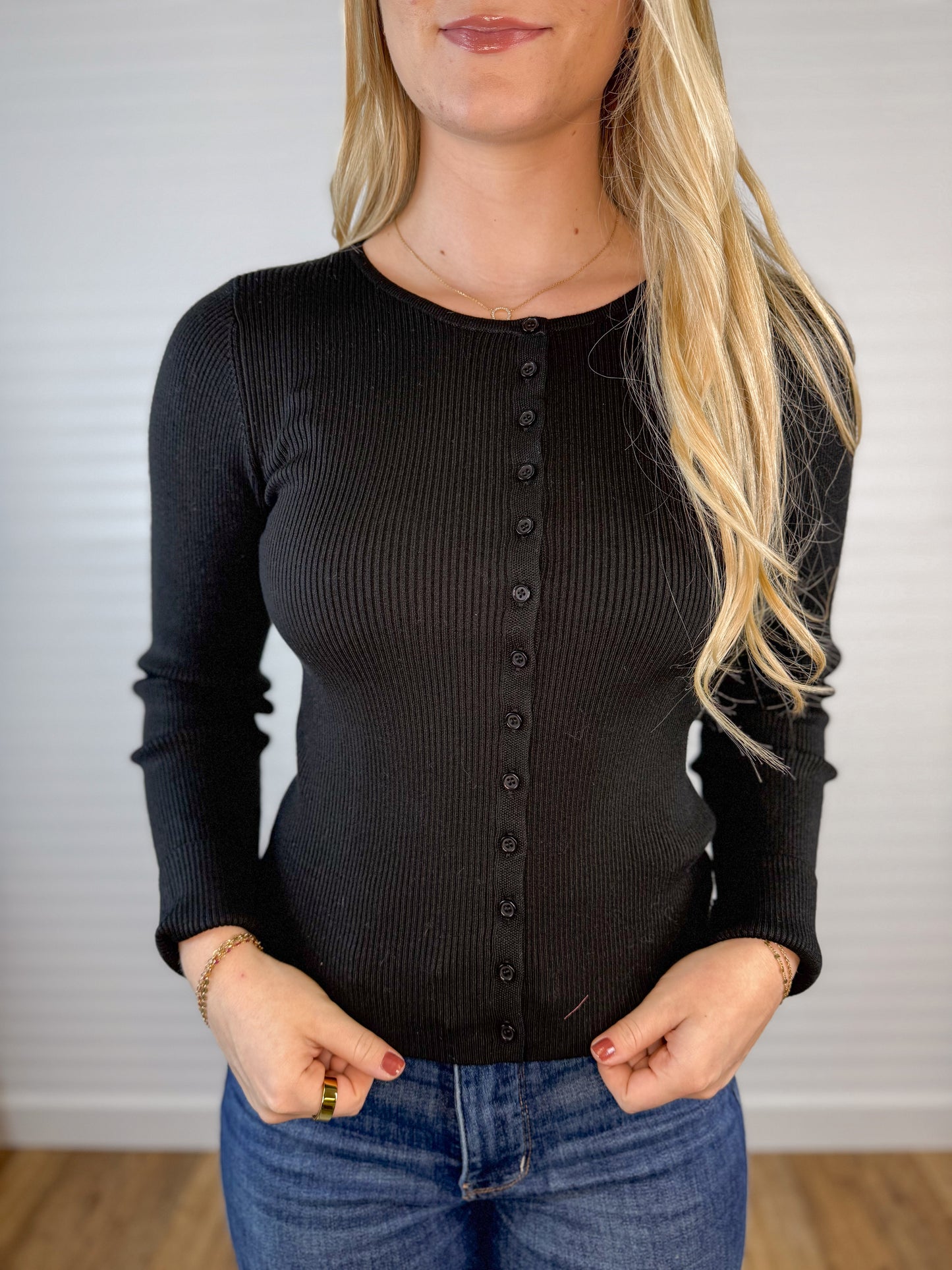 Ribbed Button Up Cardigan - Black