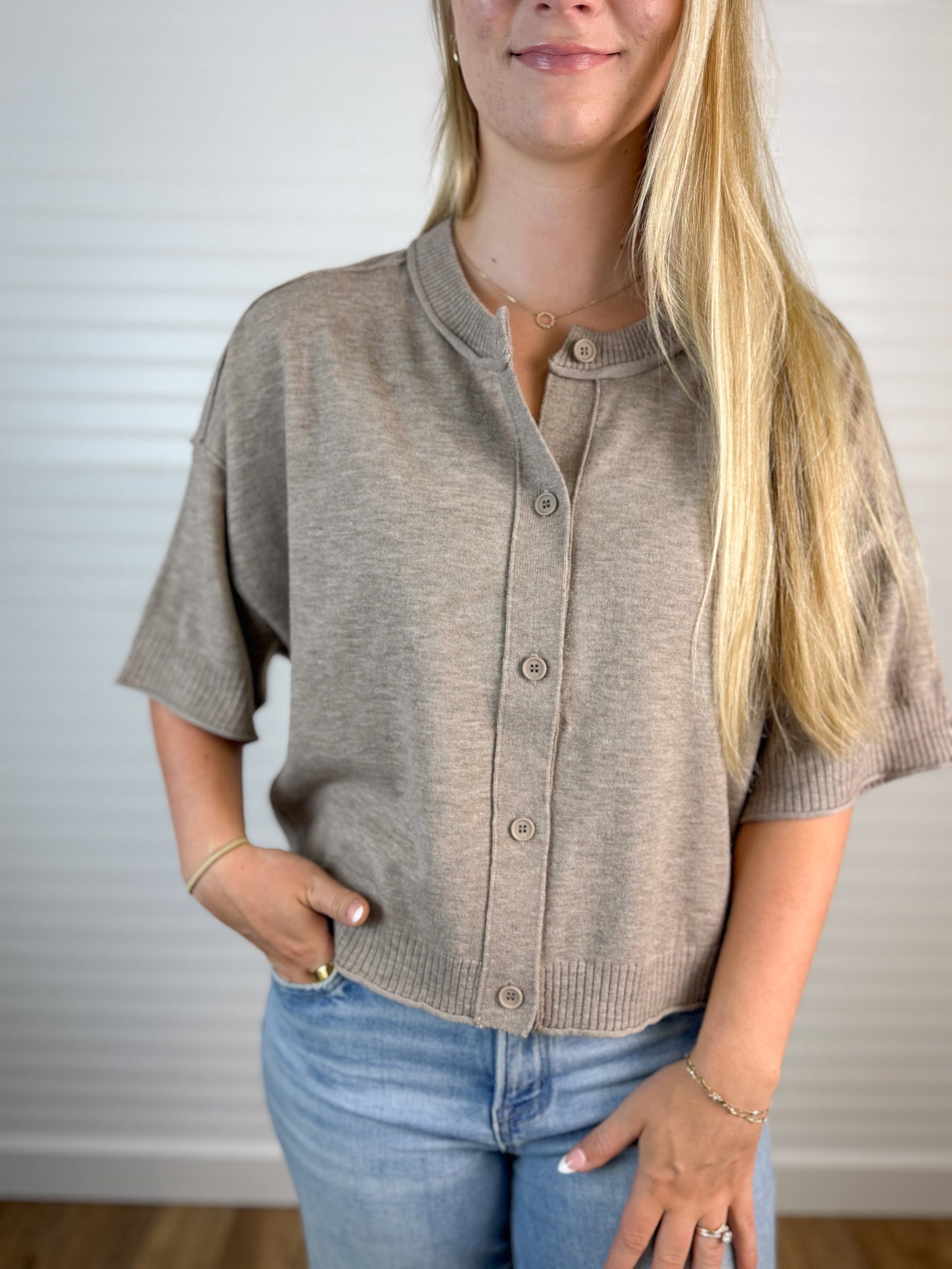 Dreamy Short Sleeve Button Up Sweater - Taupe