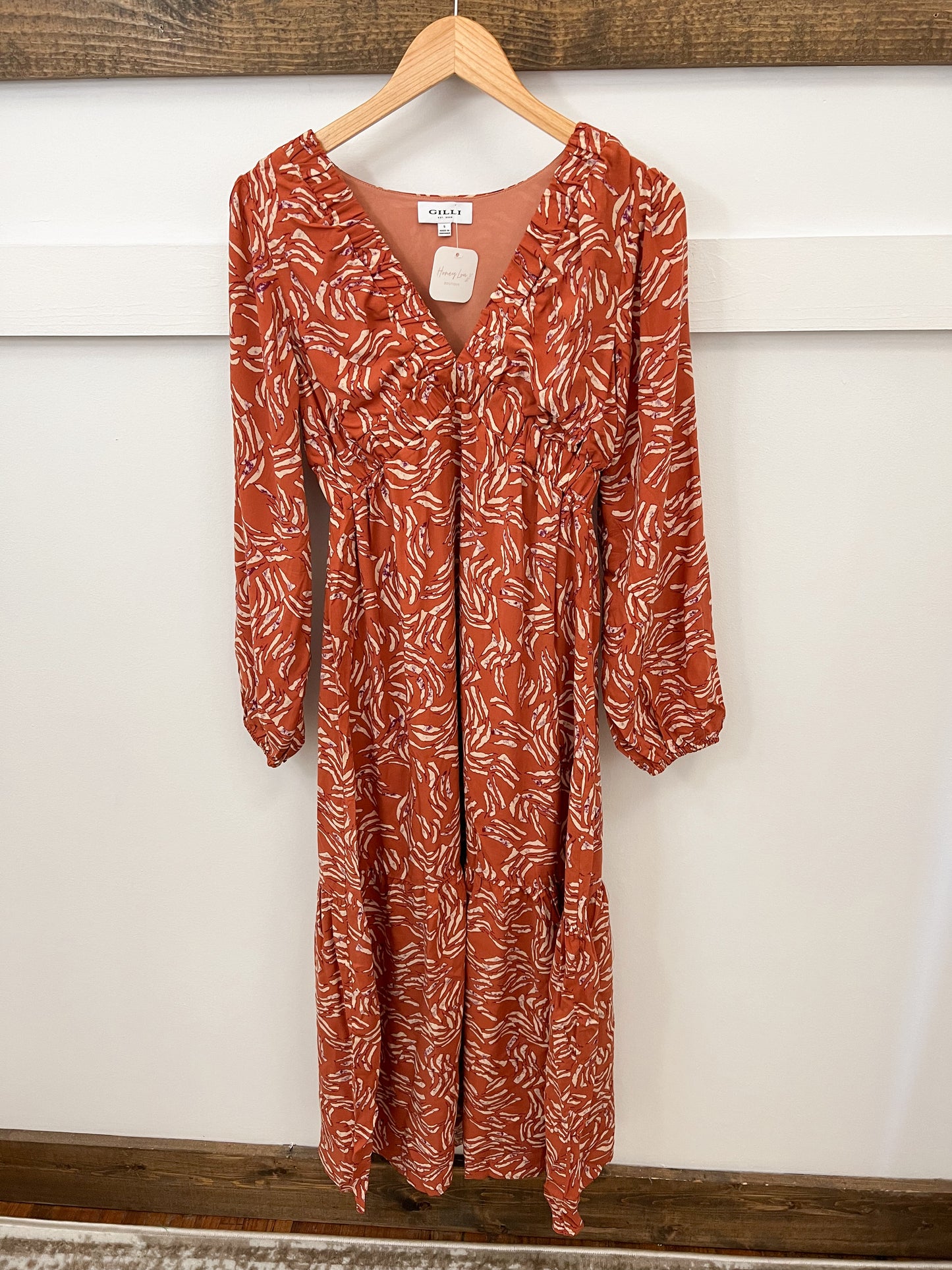 Long Sleeve Abstract Dress - Rust/Taupe