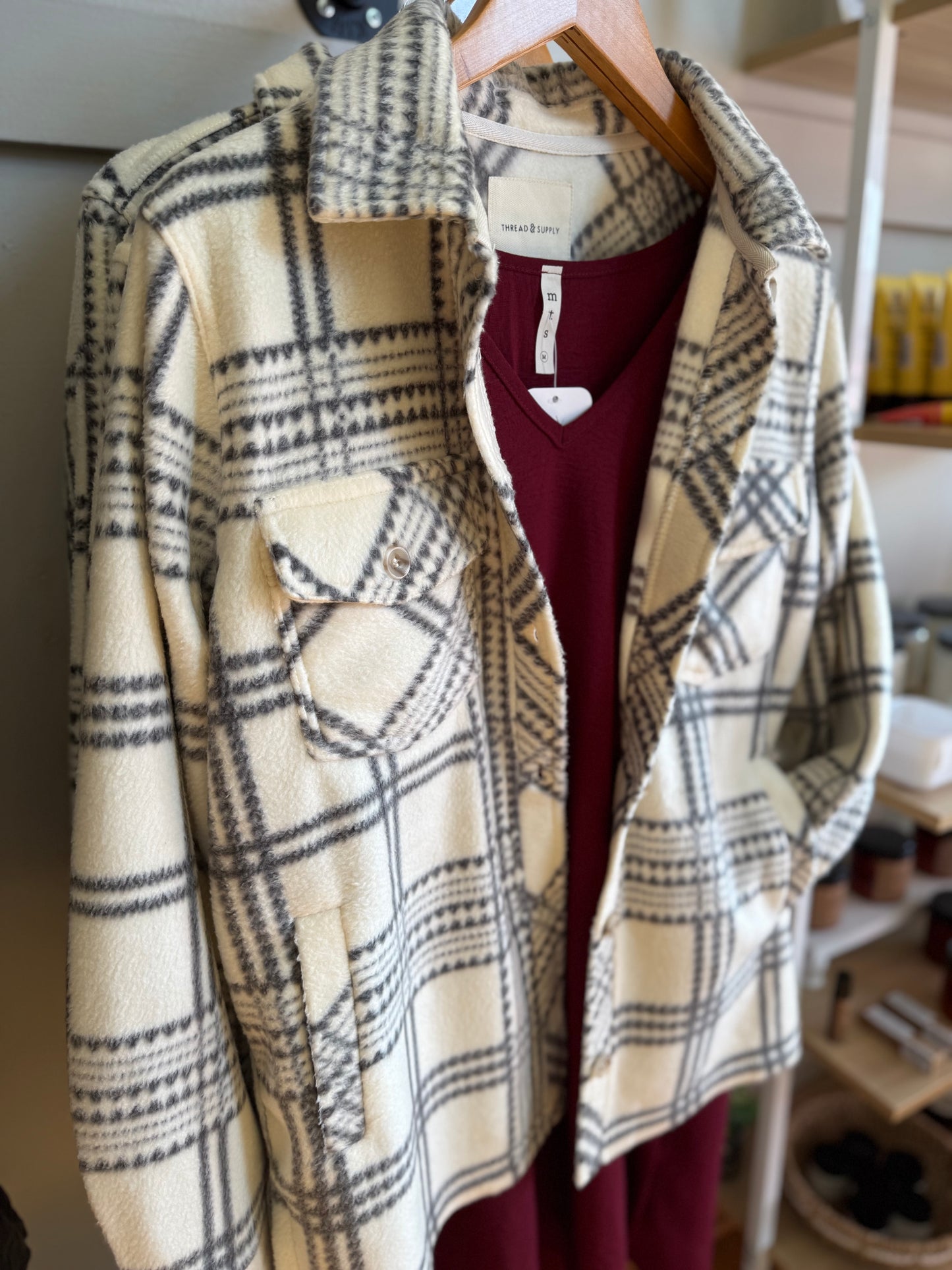 Cozy Fleece Plaid Shacket - Ivory/Gray