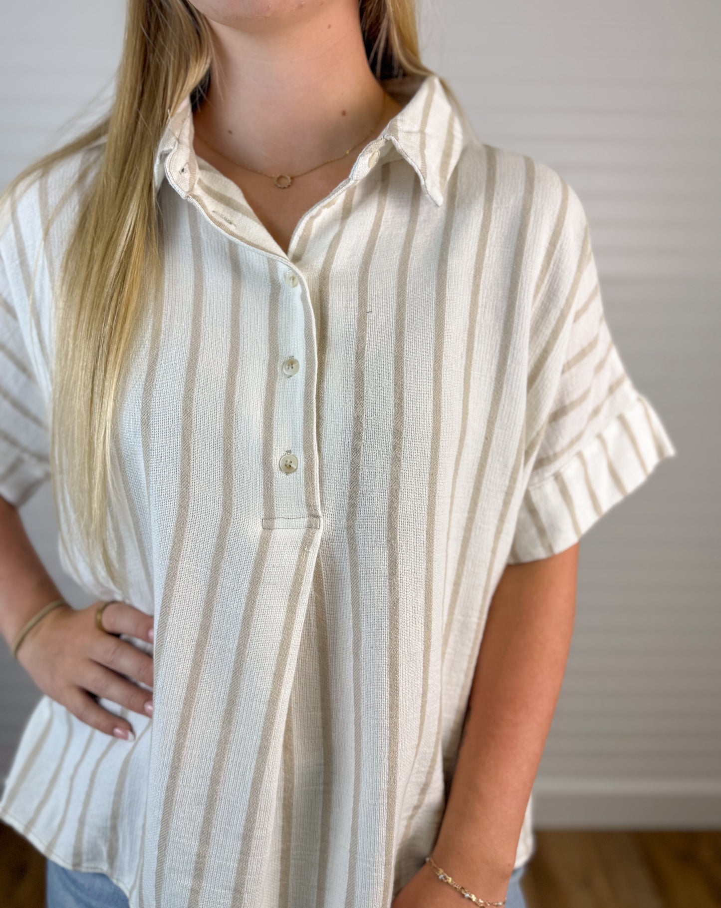 Short Sleeve Striped Linen Top - Taupe/Off White