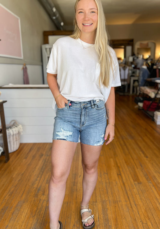 Distressed High Rise Denim Shorts