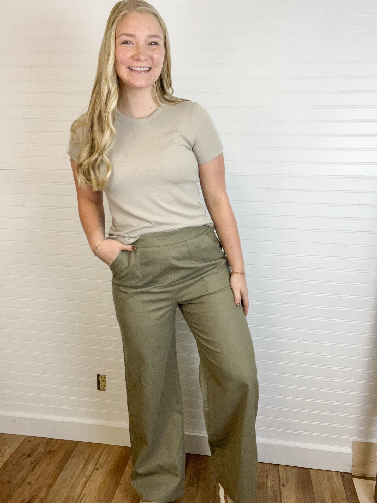 Elastic Waist Linen Pants - Sage