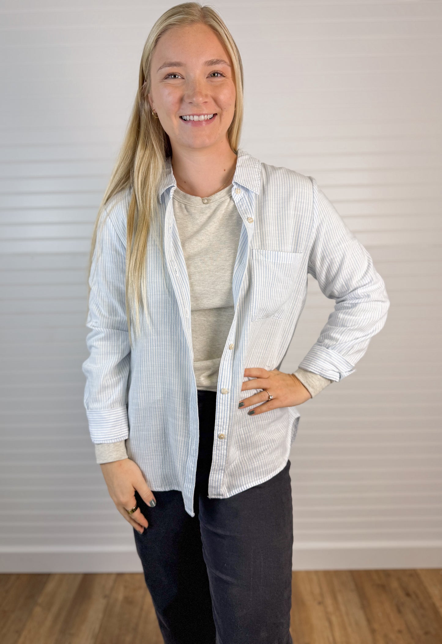 Pinstripe Cotton Blend Button Up - Light Blue
