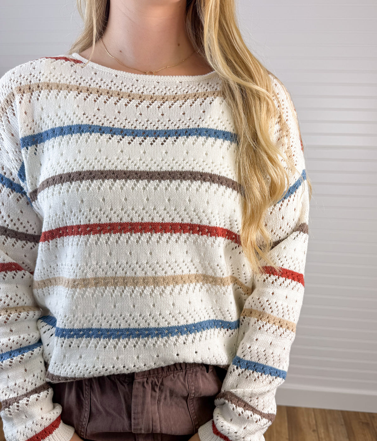 Multi Color Crochet Long Sleeve - Taupe/Blue