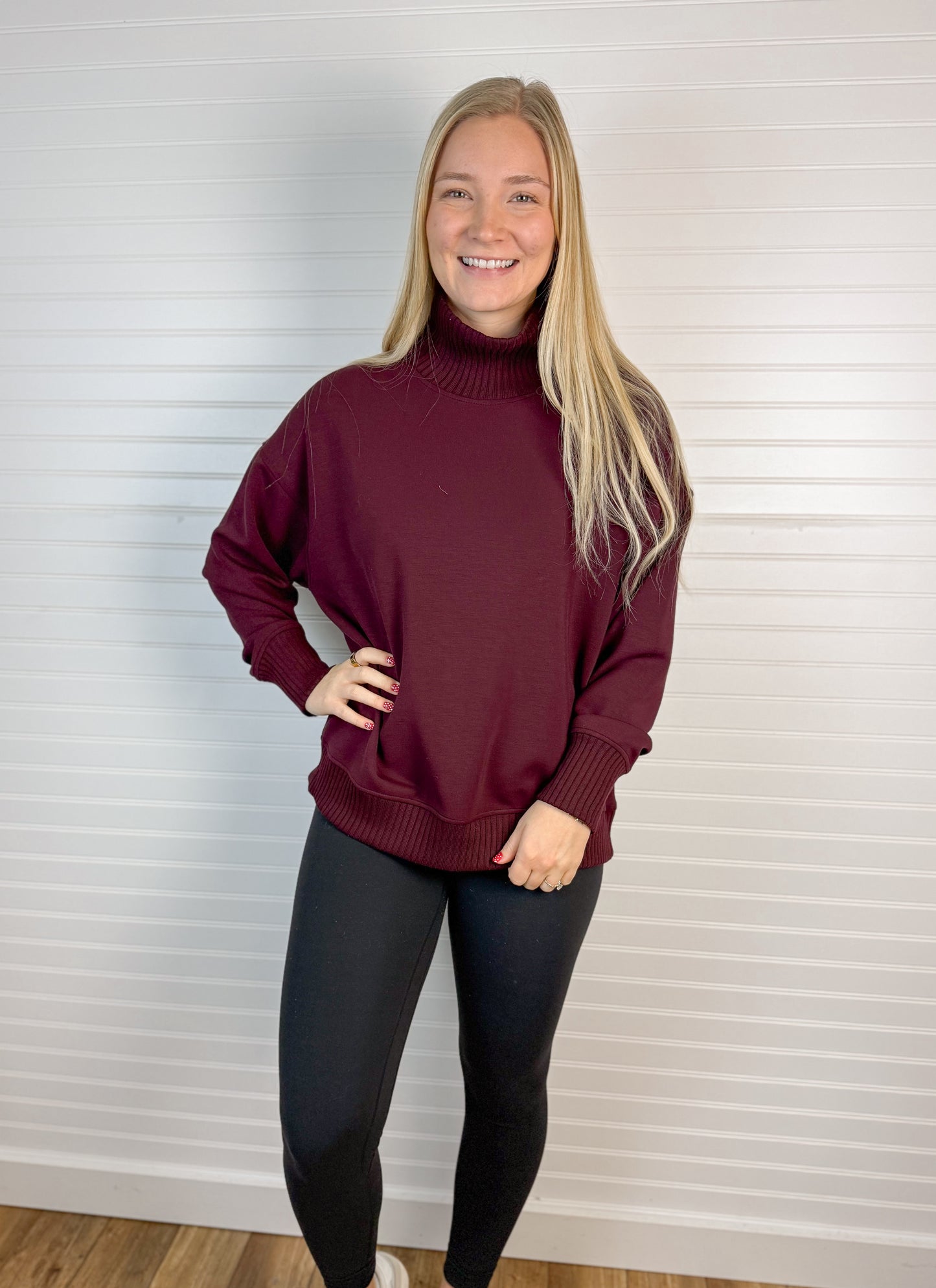 Modal Scuba Ribbed Mock Neck Pullover - Cherry