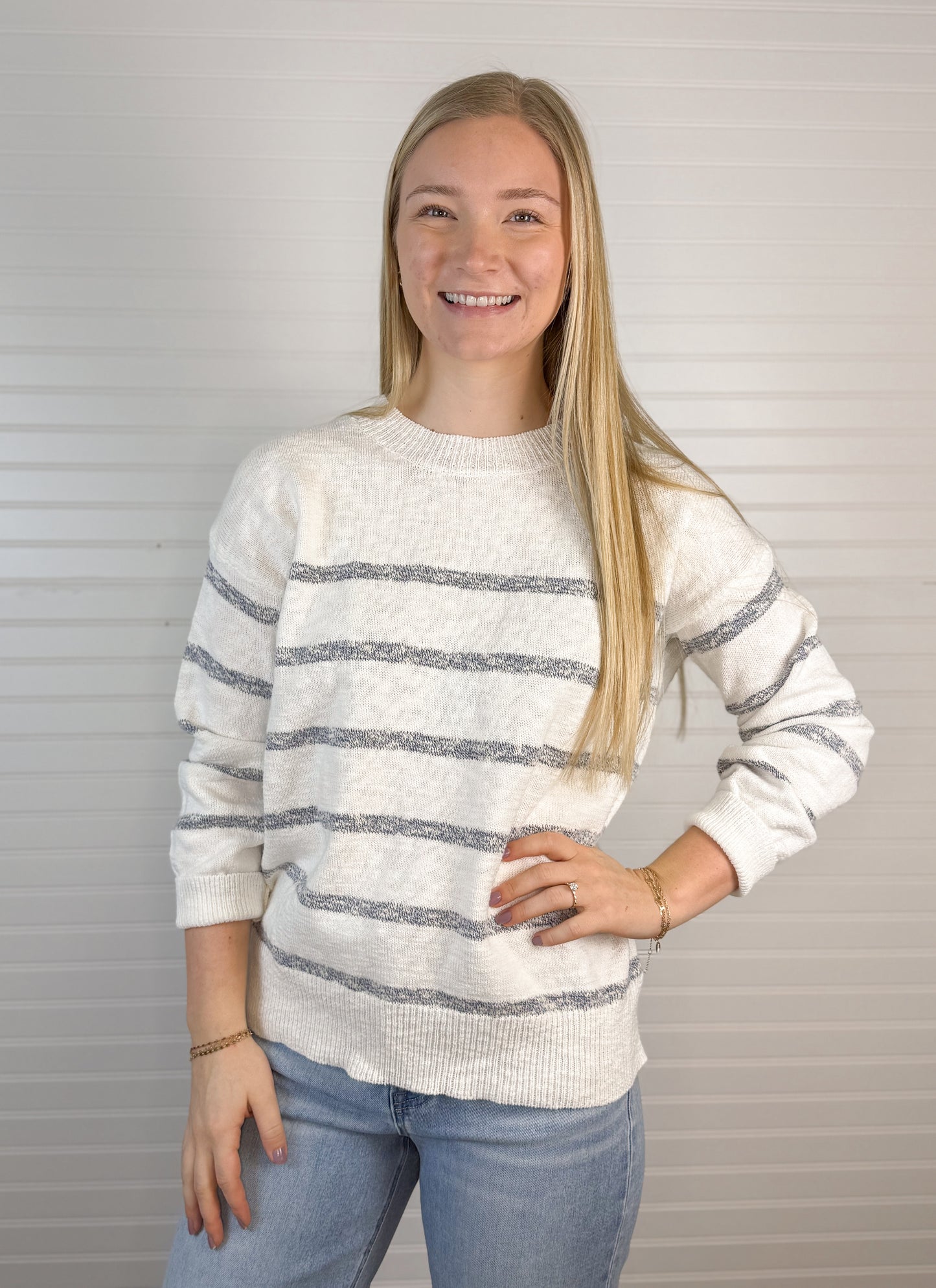 Drop Shoulder Stripe Lightweight Sweater - Blue