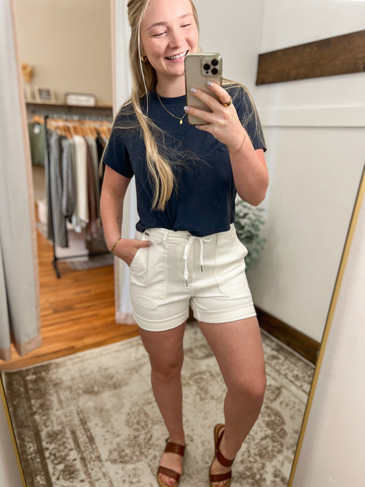 Cuffed Drawstring Denim Shorts - White