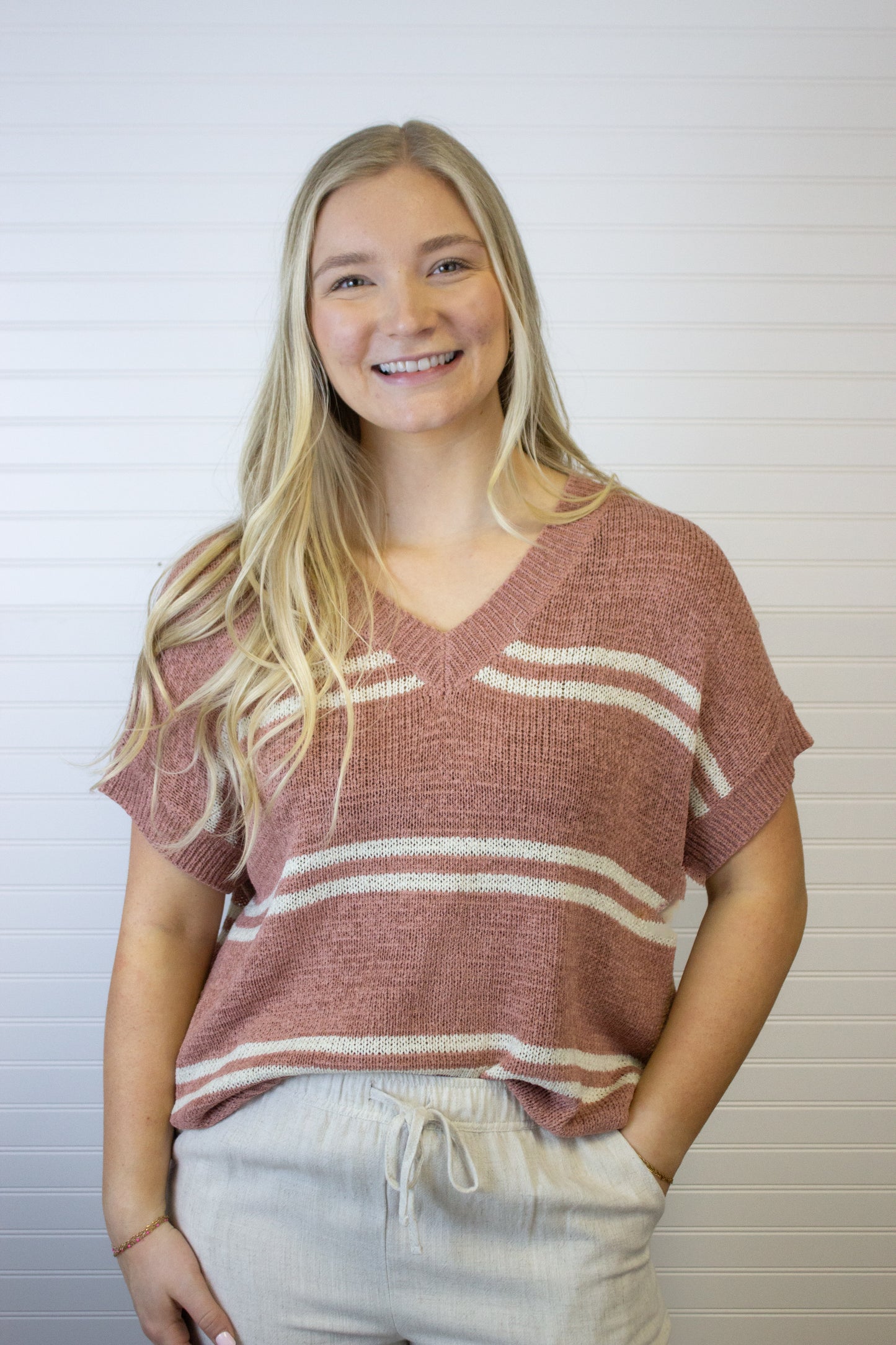 Striped V-Neck Sweater Top - Mauve