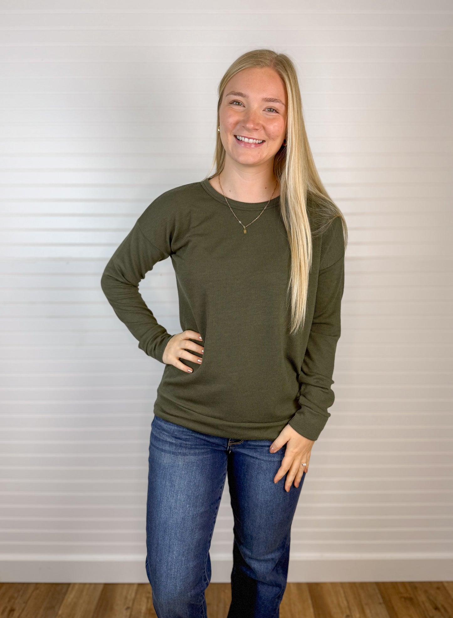 Soft Ribbed Knit Long Sleeve - Olive