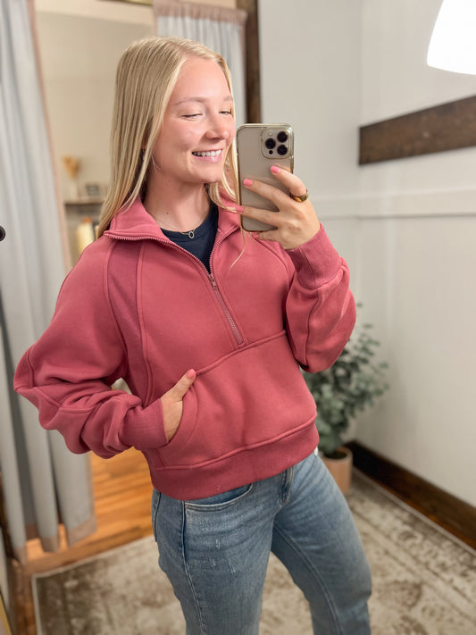 Half Zip Oversized Sweatshirt - Berry