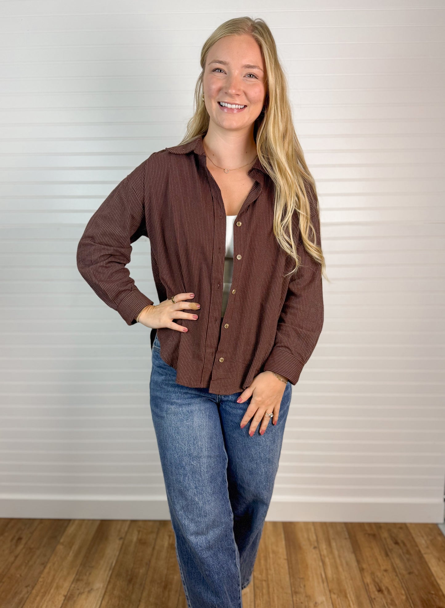 Pinstriped Button Down Boyfriend Shirt - Brown