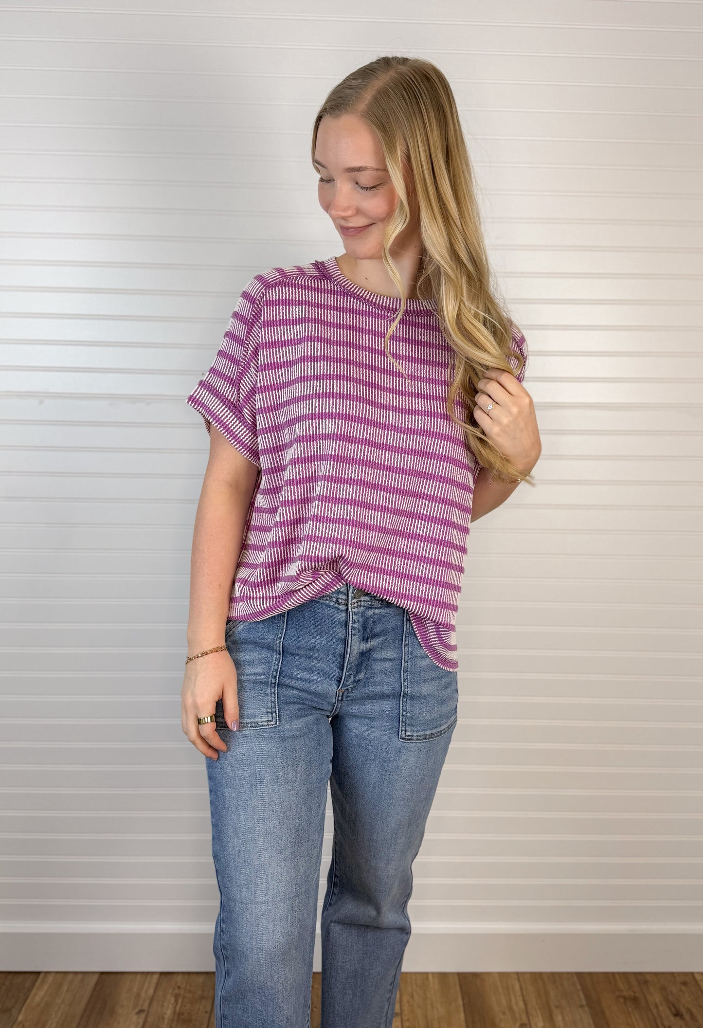 Raised Rib Striped Short Sleeve - Plum