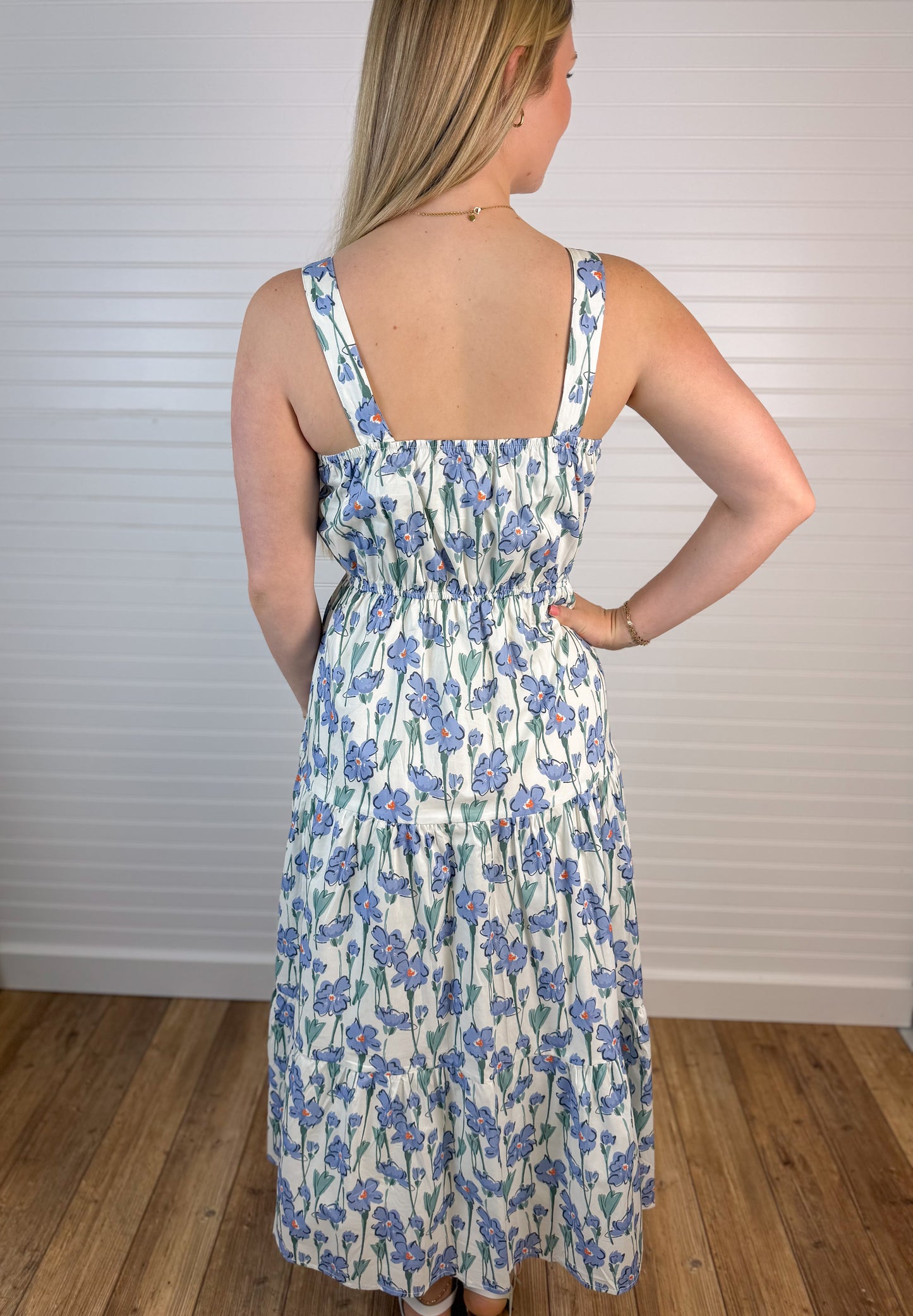 Floral Print Pleat Sleeveless Dress - Blue
