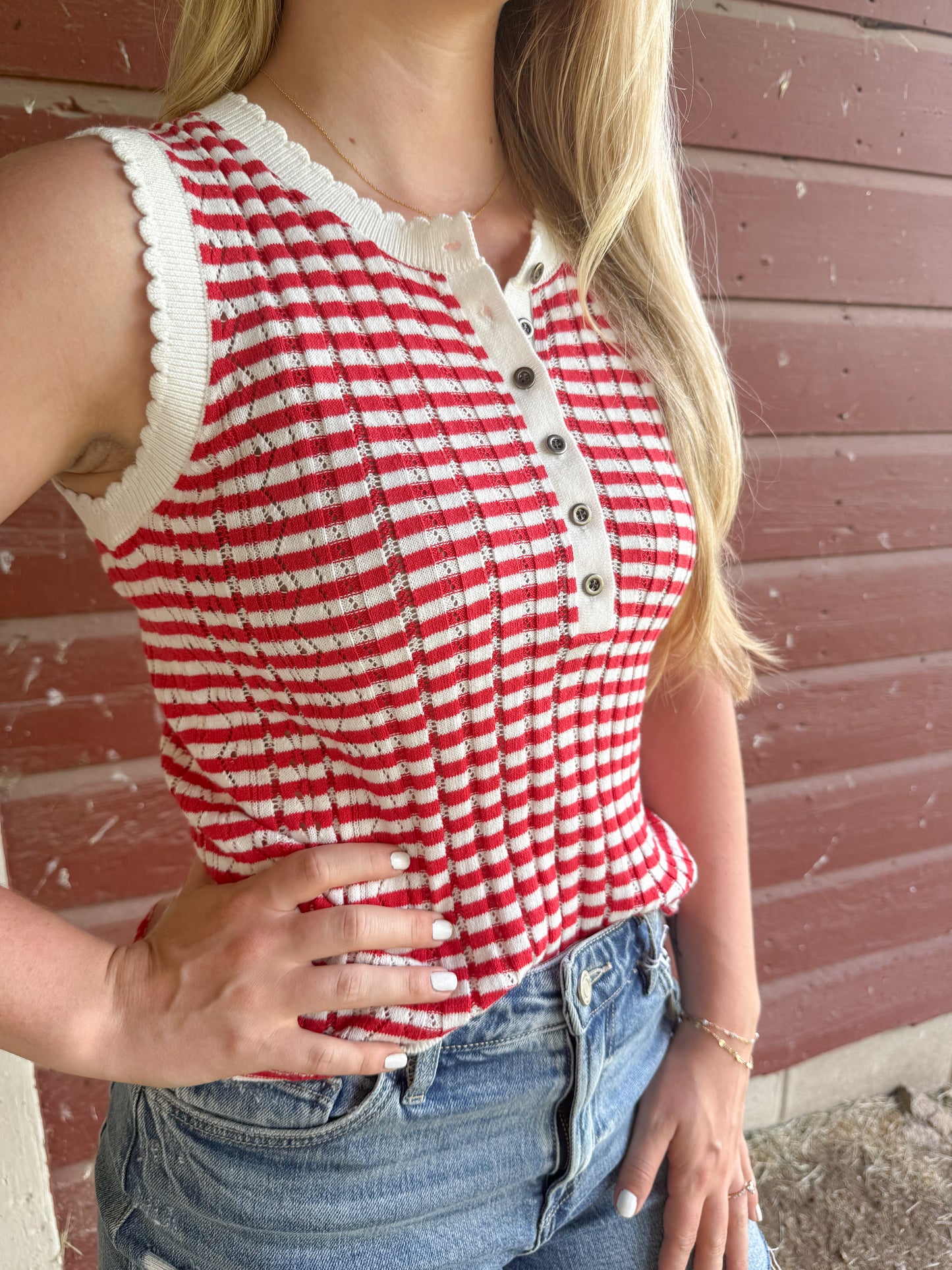 Striped Pointel Cotton Tank - Red/Off White