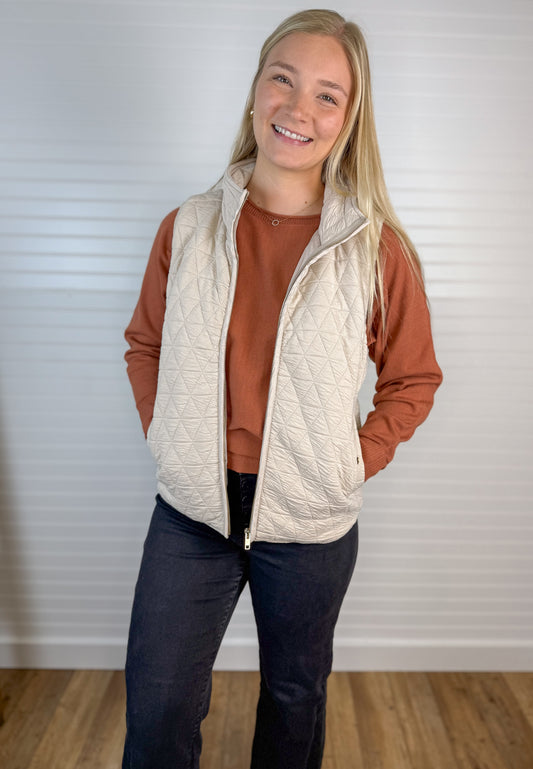 Quilted Puffer Zip-Up Vest - Oatmeal