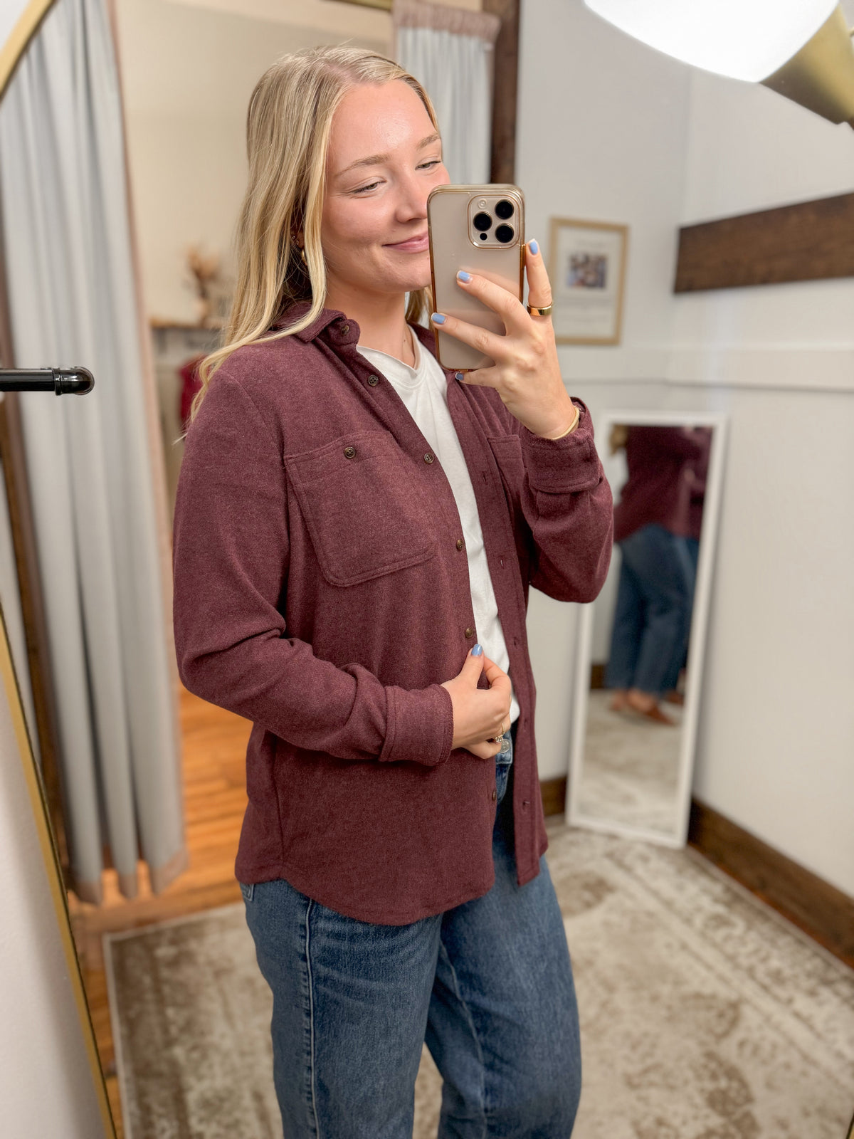 Lewis Soft Button Down Top - Burgundy Heather