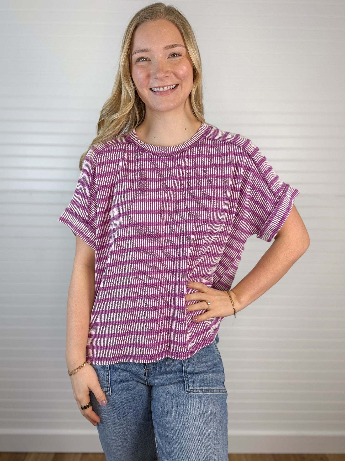 Raised Rib Striped Short Sleeve - Plum