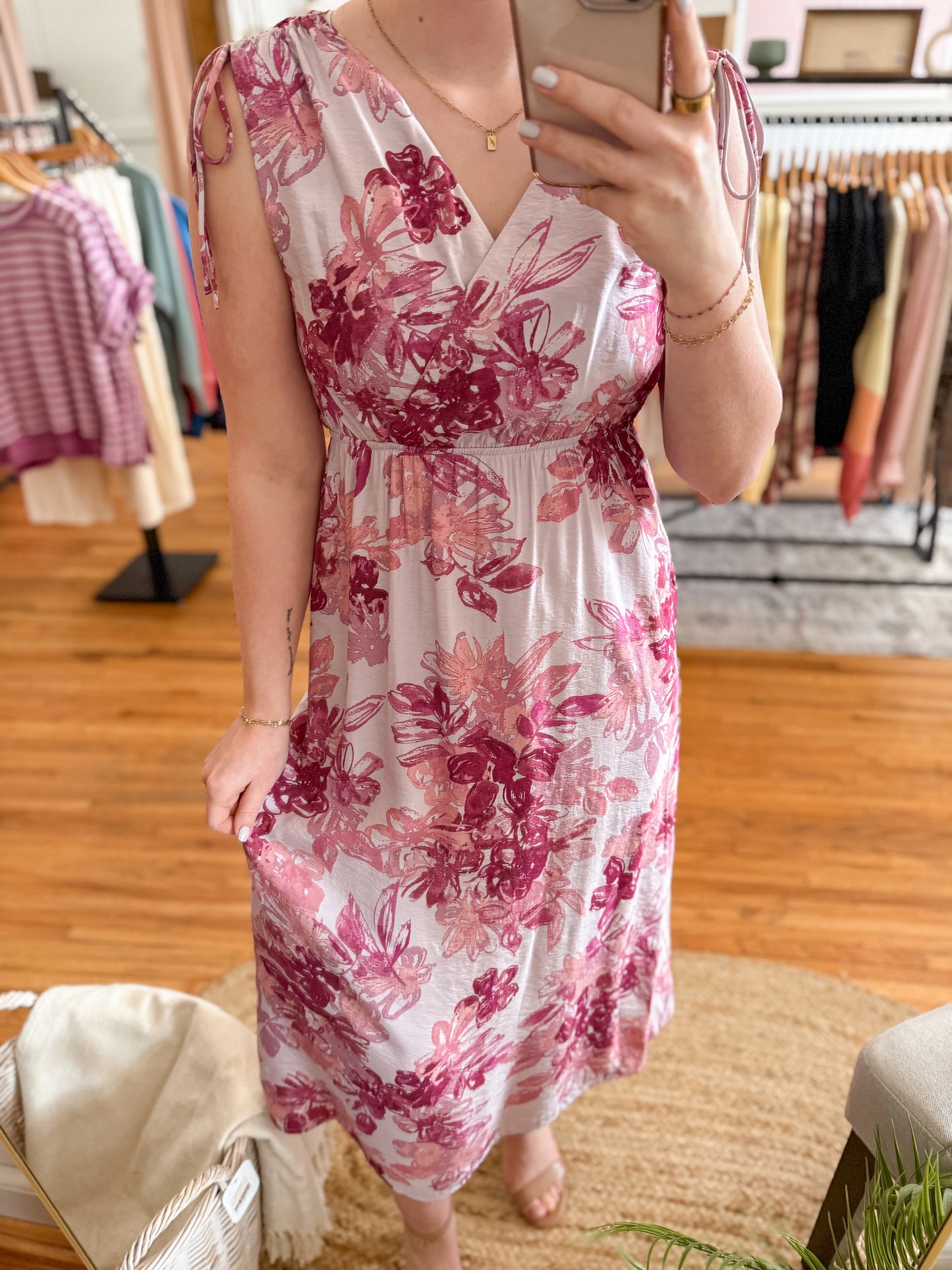 Shoulder Detail Floral Midi Dress - Mauve