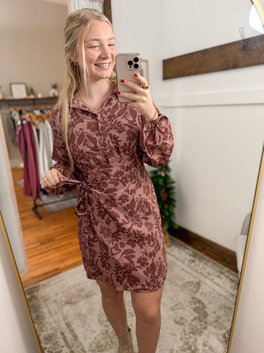 Collar Button Up Long Sleeve Floral Dress