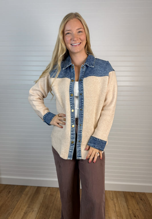 Denim Mixed Material Sweater Jacket