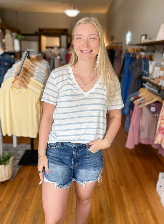Cotton Linen Blend Striped Tee - Chambray