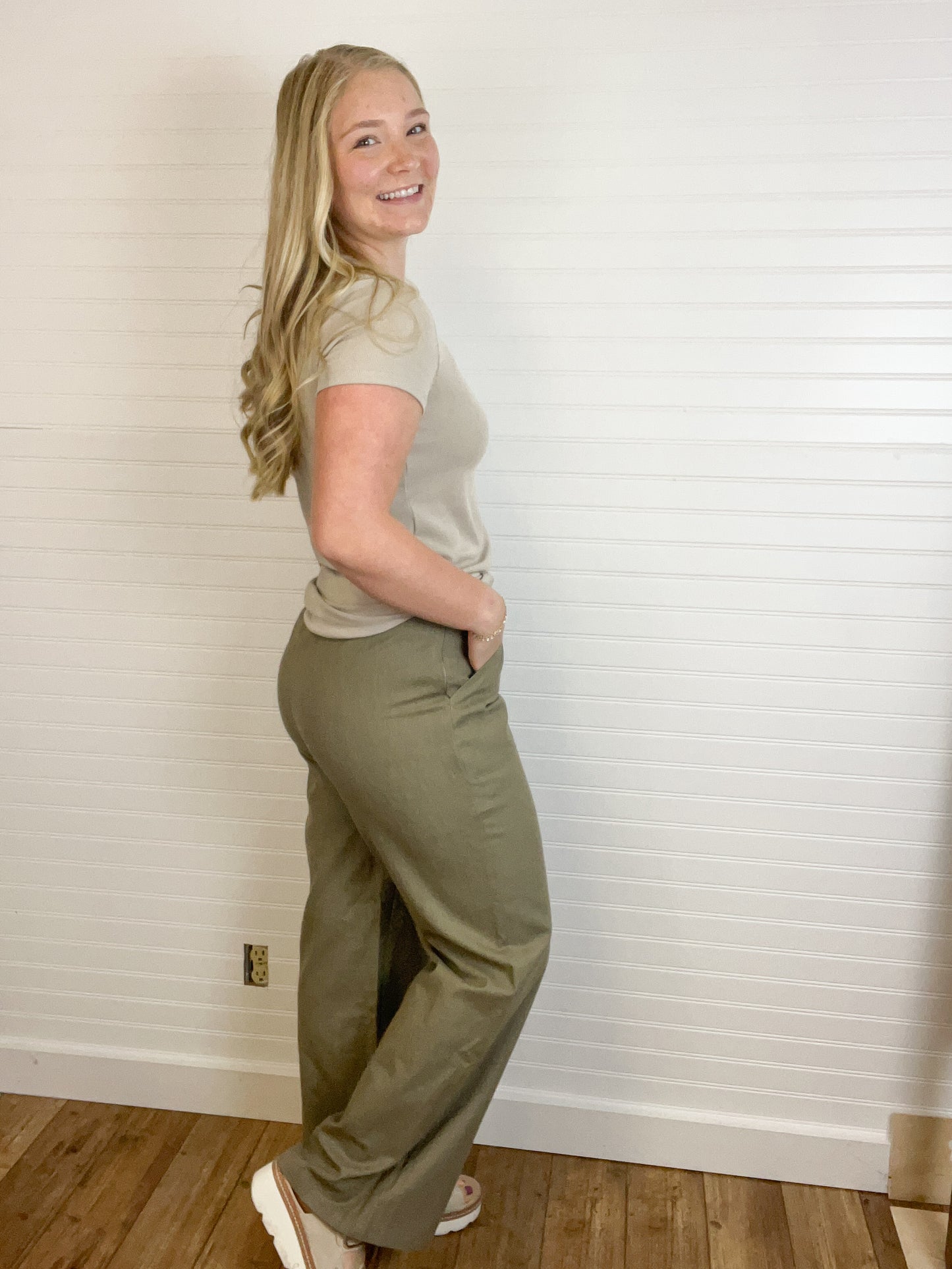 Elastic Waist Linen Pants - Sage