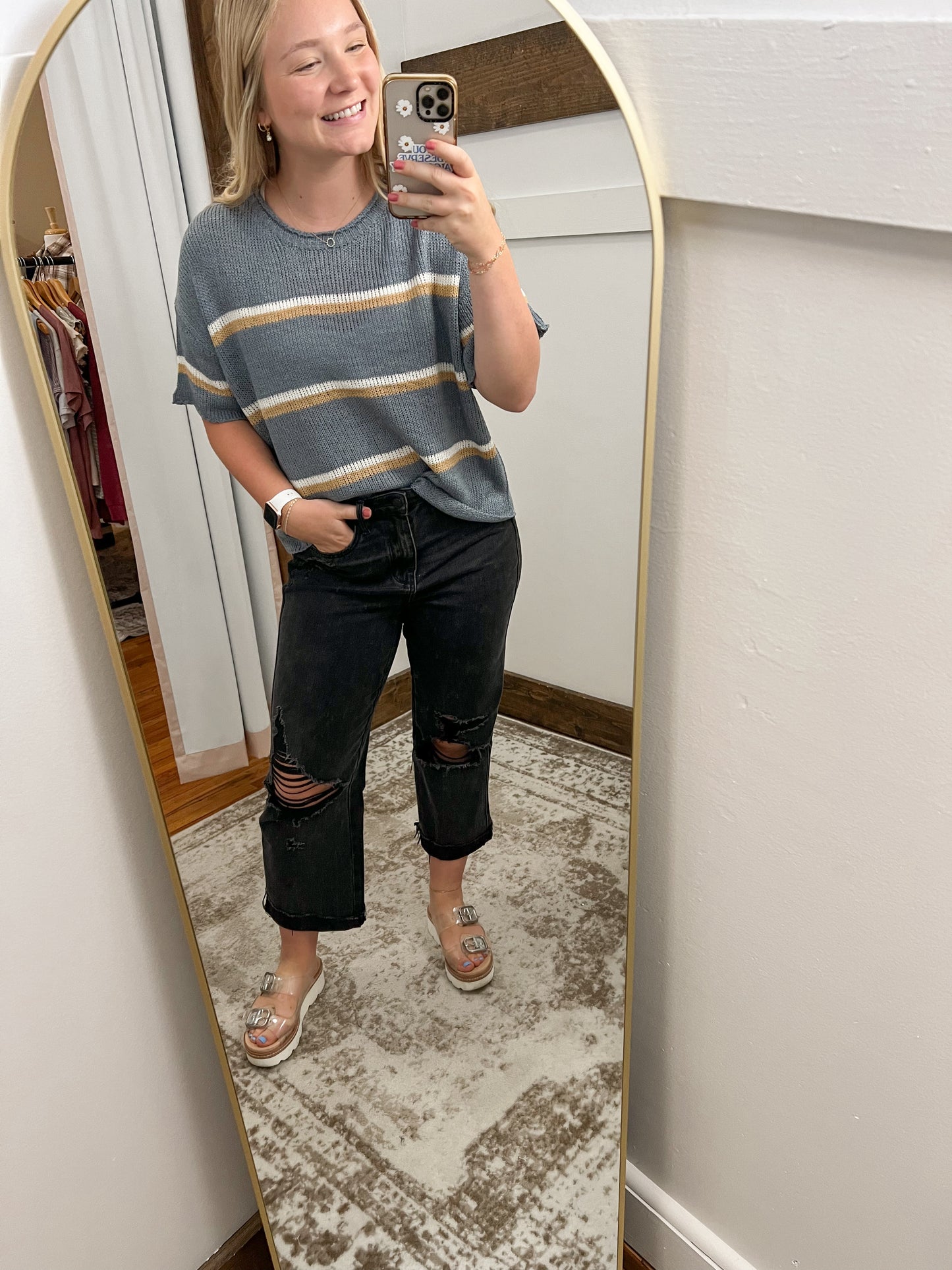 Striped Short Sleeve Sweater - Blue/Taupe