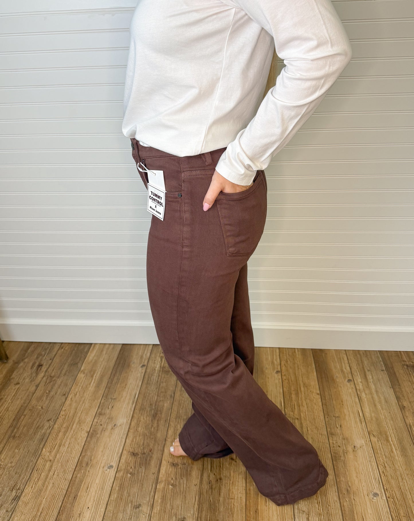 Tummy Control High Rise Straight Leg Denim - Brown