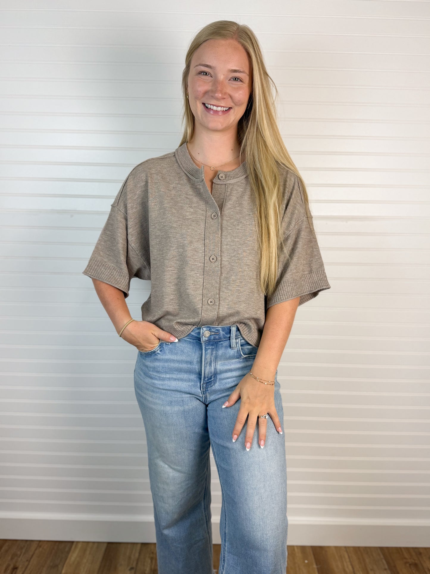 Dreamy Short Sleeve Button Up Sweater - Taupe