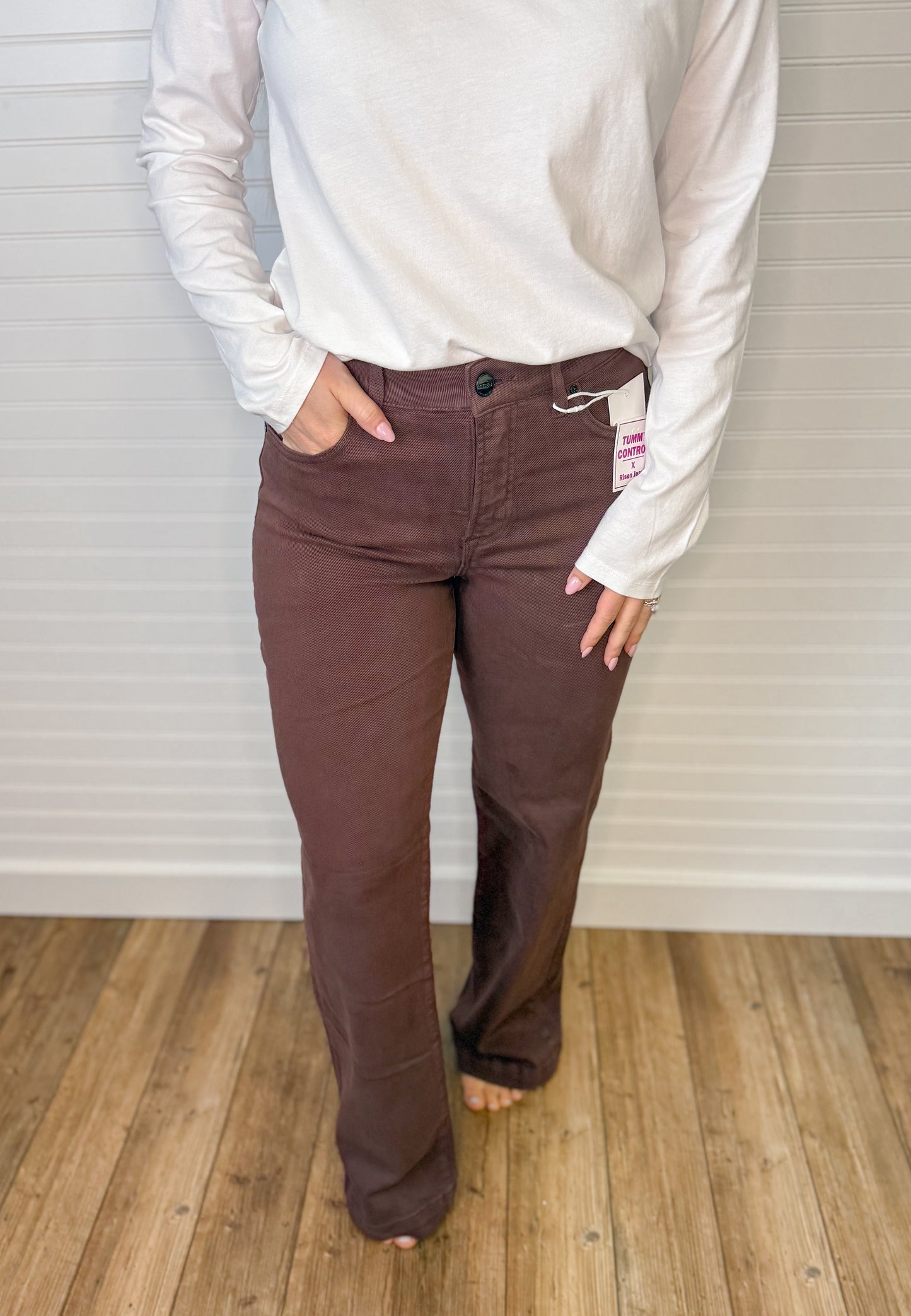Tummy Control High Rise Straight Leg Denim - Brown