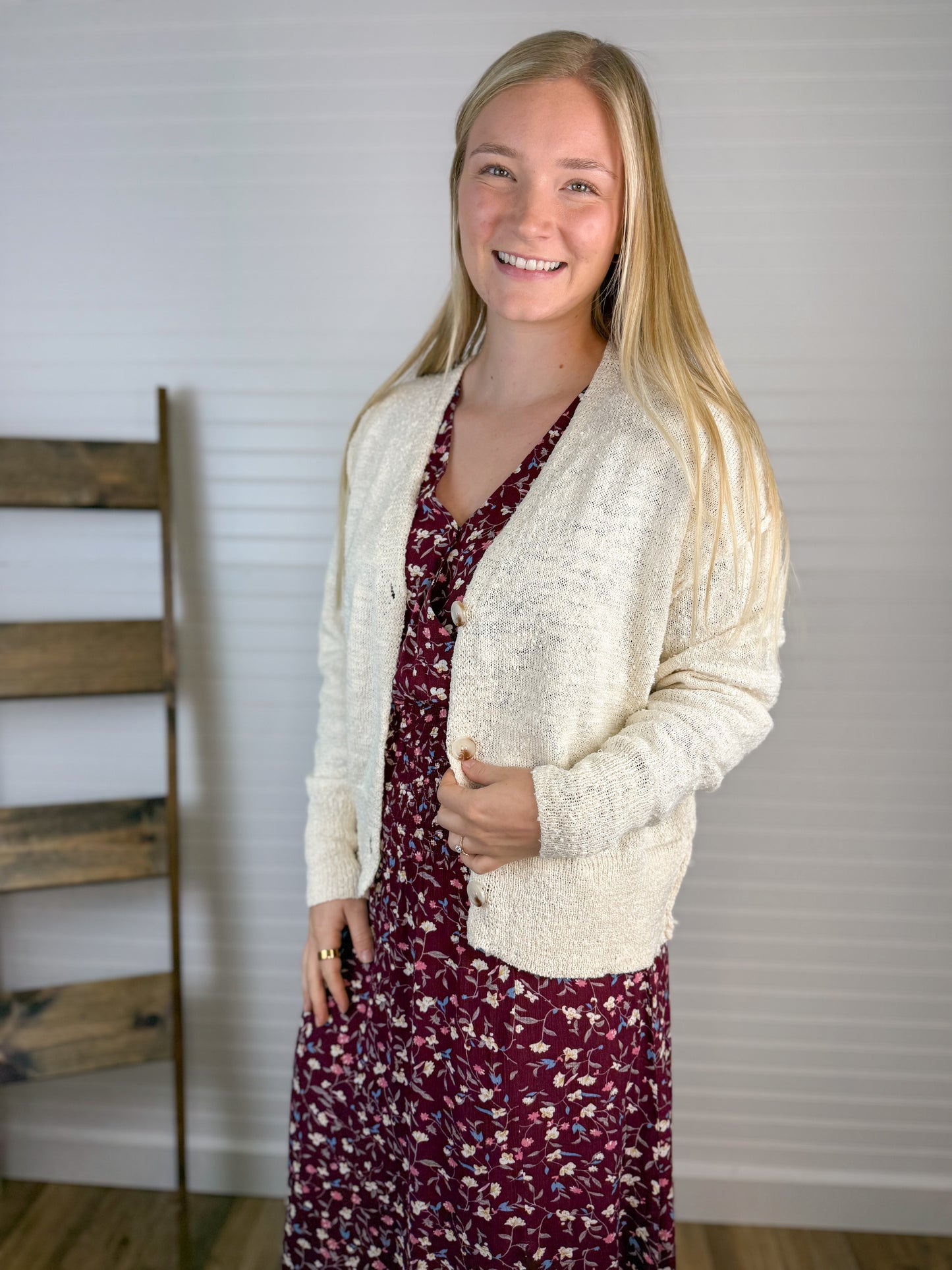 Button Front Drop Shoulder Cardigan - Cream