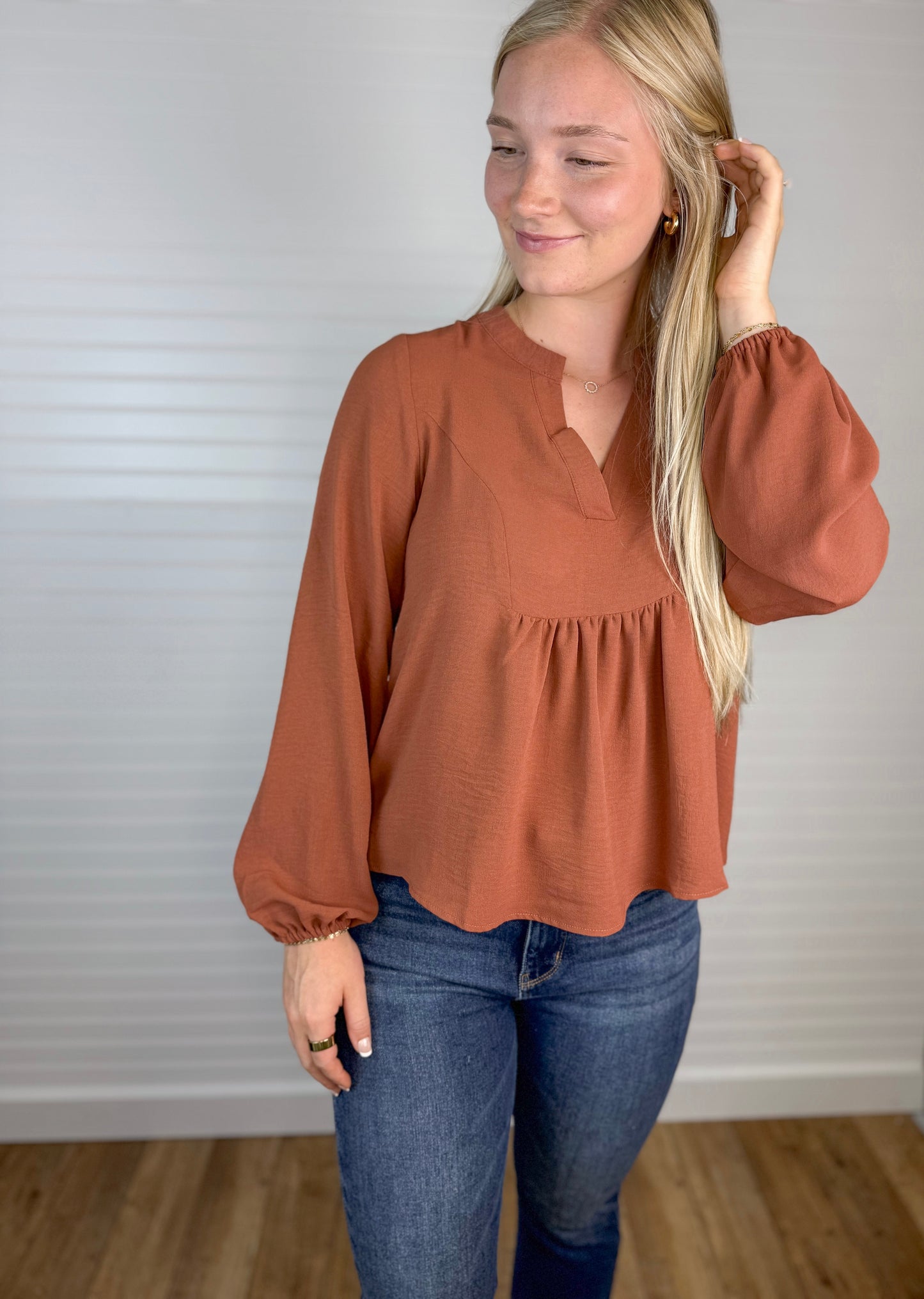 Long Sleeve V-Neck Blouse - Camel