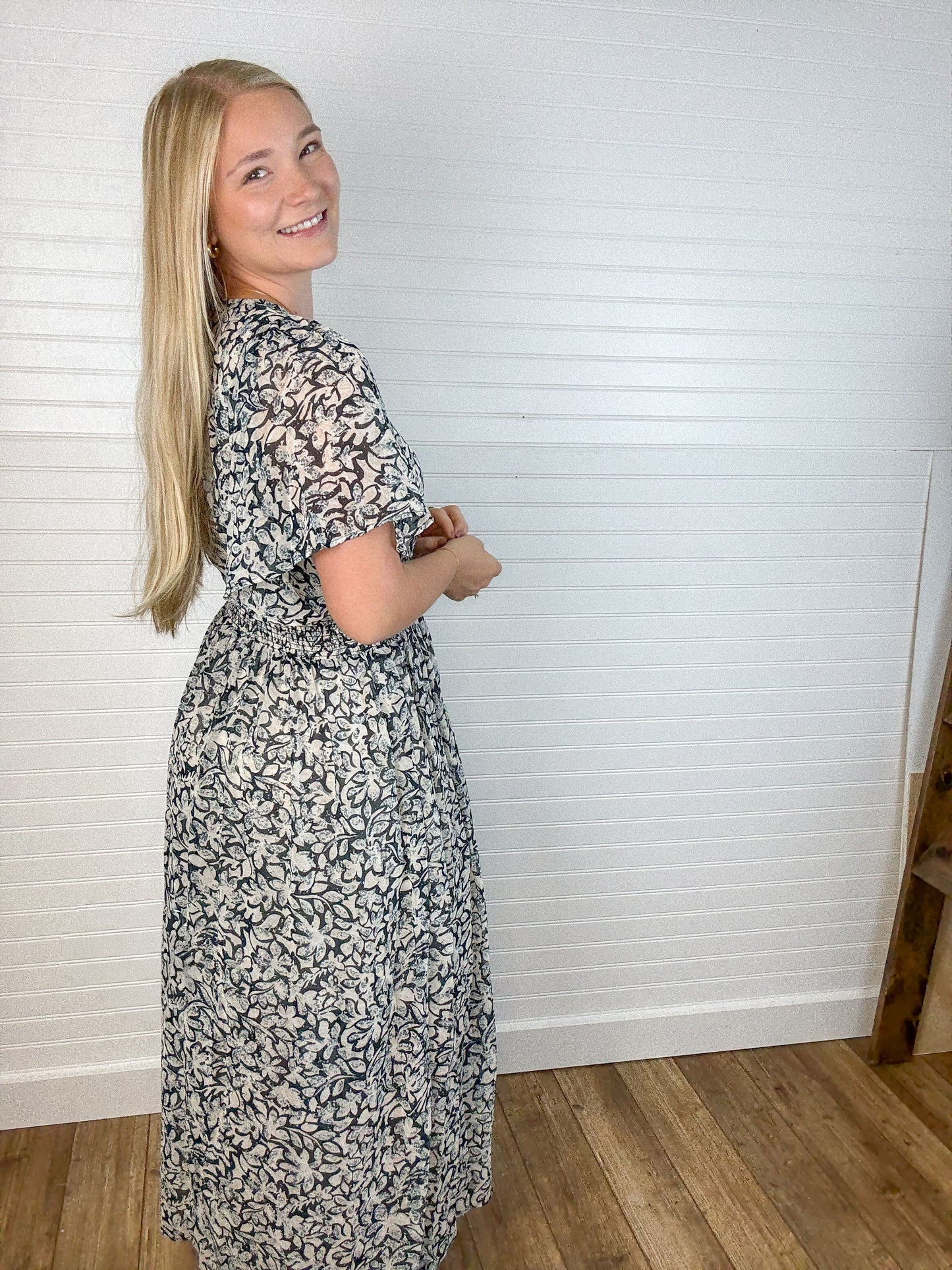 Floral Chiffon Smocked Midi Dress - Teal/Taupe