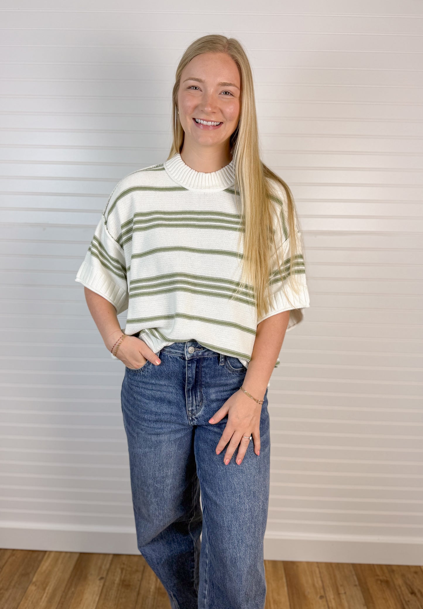 Wide Elbow Striped Sweater Top - Ivory/Sage