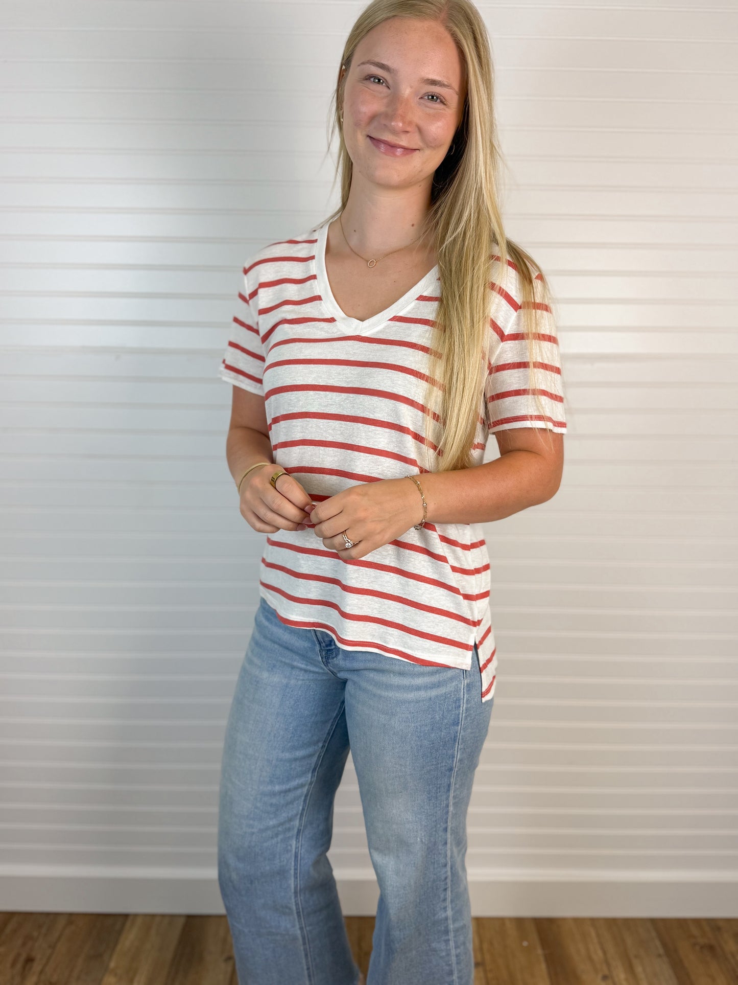 Cotton Linen Blend Striped Tee - Cranberry