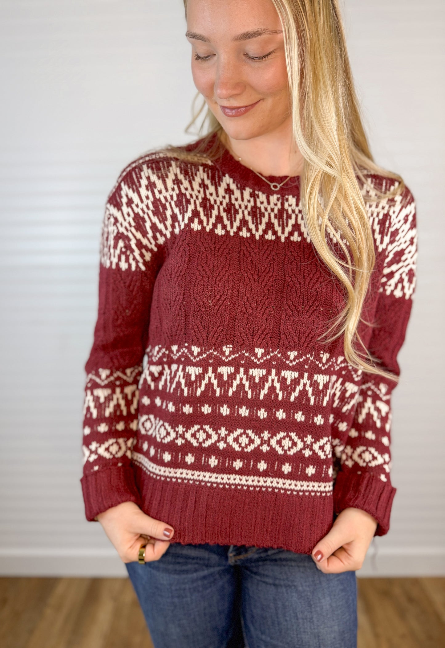 Fair Isle Cable Knit Sweater - Wine