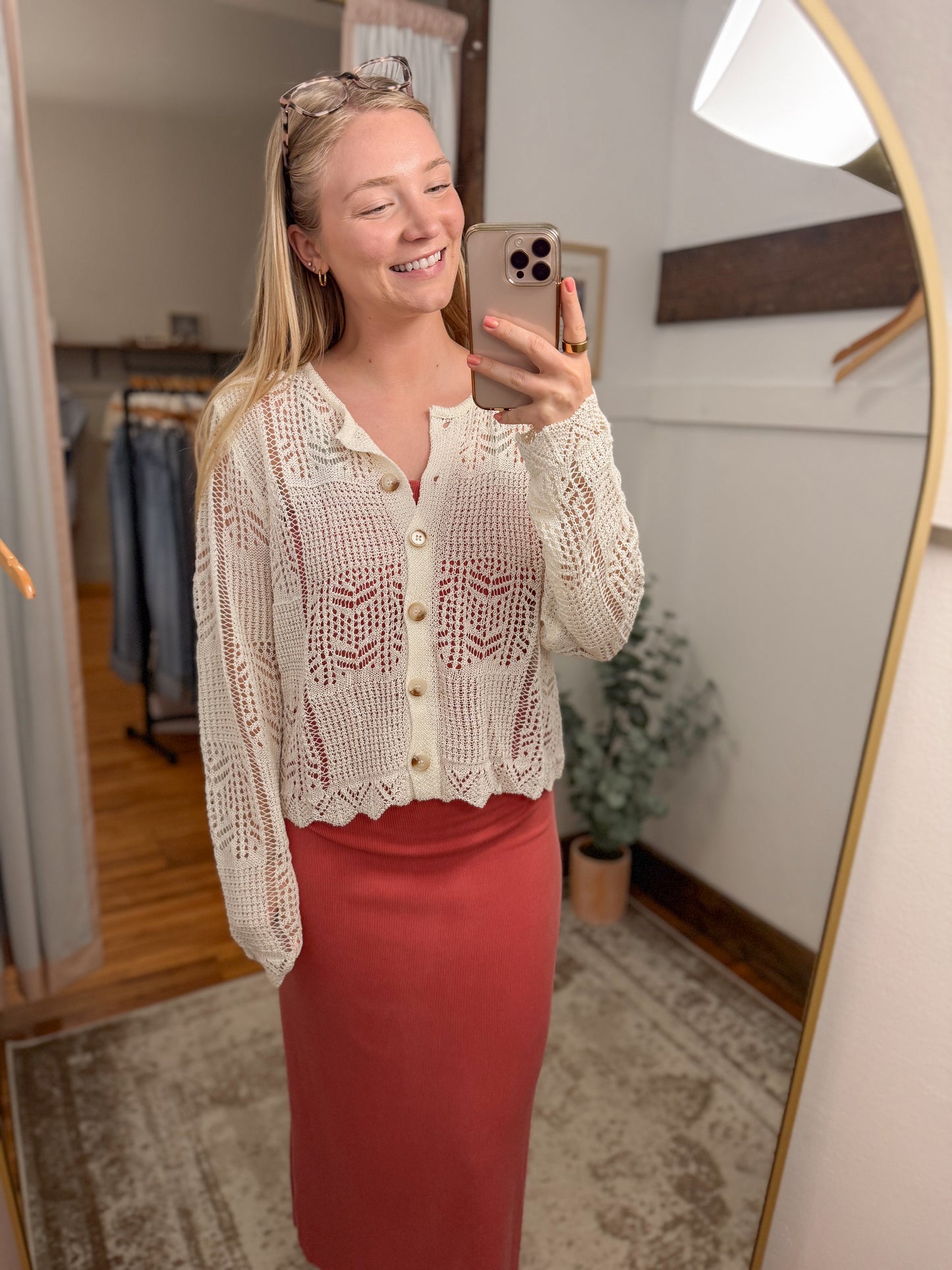 Pointelle Button Down Cardigan - Cream