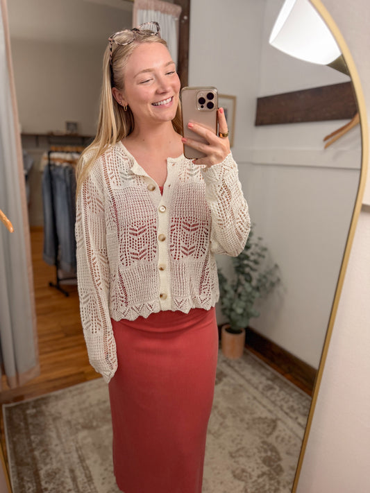 Pointelle Button Down Cardigan - Cream