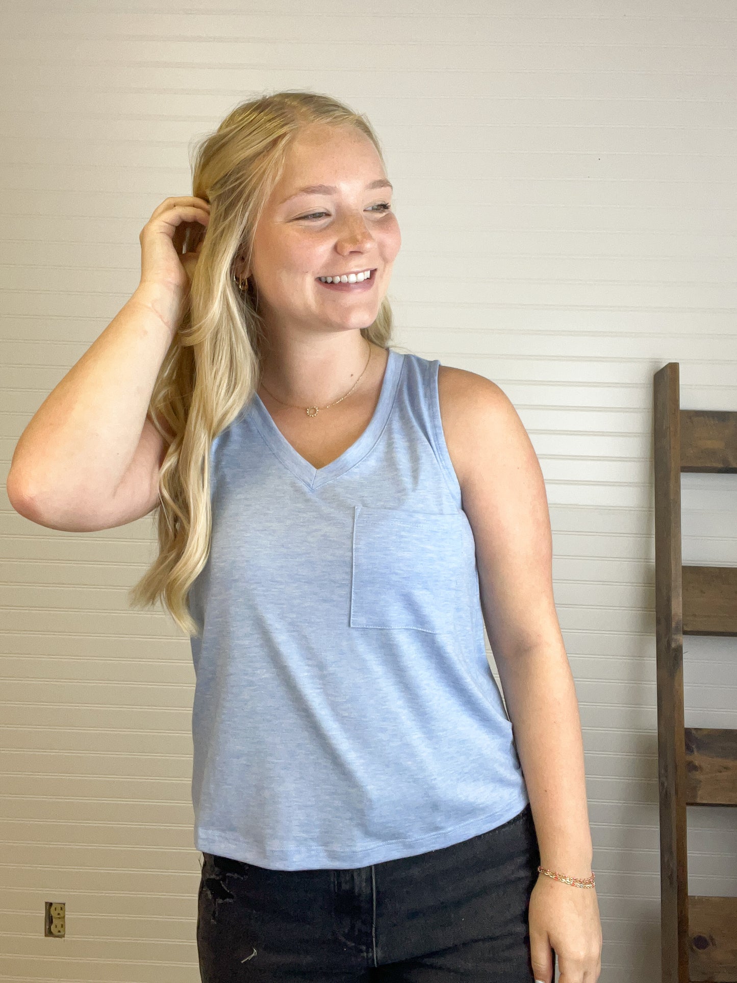 V-Neck Knit Relaxed Crop Tank - Blue