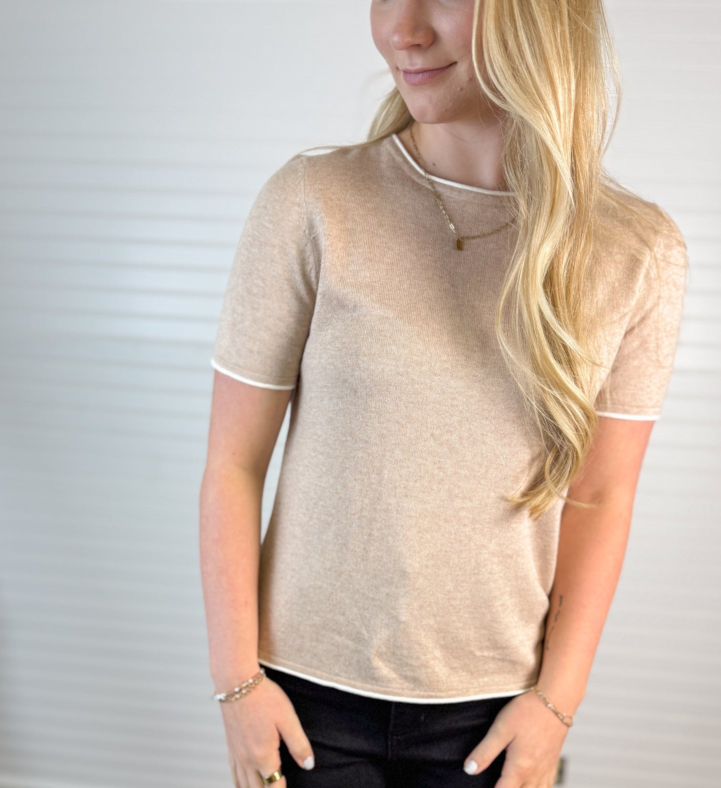 Layered Look Knit Short Sleeve Top - Sand