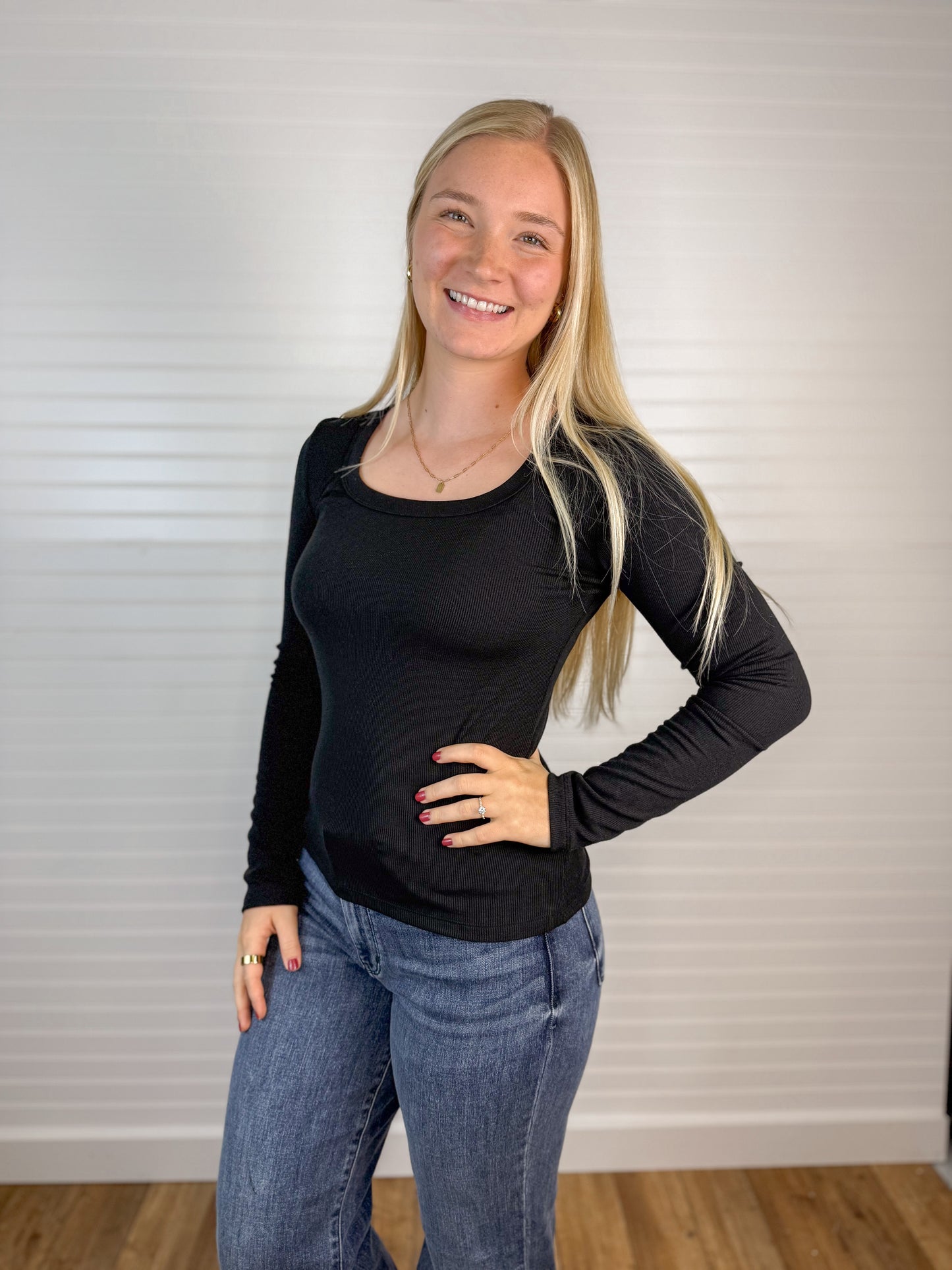 Scoop Neck Ribbed Long Sleeve - Black